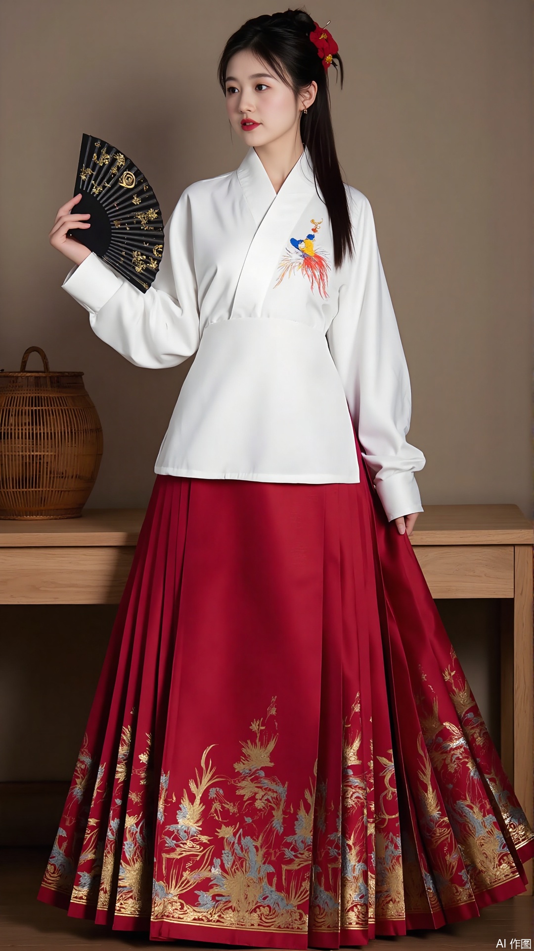 a person dressed in traditional East Asian attire, specifically a hanfu. The outfit consists of a white top with a phoenix embroidered on the left side, and a long, flowing red skirt with intricate gold floral patterns. The person is holding a black fan with gold designs. The setting appears to be indoors, with a wooden table and a woven basket visible in the background. The overall aesthetic is elegant and traditional, reflecting the cultural heritage of the hanfu style.