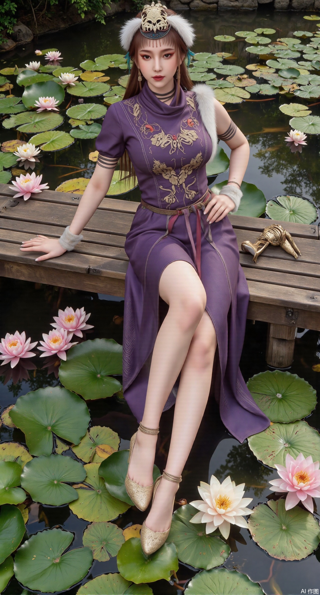  (masterpiece:1.2),best quality,The image is a digital illustration of a young woman sitting on a wooden bench in a pond with lily pads. She is wearing a long dress with design on the chest and sleeves. The dress has a high neckline and short sleeves,Holding a lotus in hand. She has long dark hair styled in loose waves and is wearing gold high heels. The woman is posing with one hand on her hip and the other resting on the edge of the bench. The background is filled with pink and white lotus flowers and green leaves. The overall mood of the image is peaceful and serene,(huge breasts:2.99),(full breasts:2.99),(Background with traditional Chinese architecture,Pond, water lilies:1.39),,XzhihuaX,Xleidianjiangjun,Xyuenanaodai,XmeiningSMW,XhaiyuejiCosplay,Xyoulingniang,XbachongshenziCOS,XjiaodaiqunDHL,Xshuilian,Xhujiaoer,XshanhugongxinhaiCOS,XshengcaierX2,Xxiuhefu,Xsiyudan,XjiangchenY,XyouqianxueK