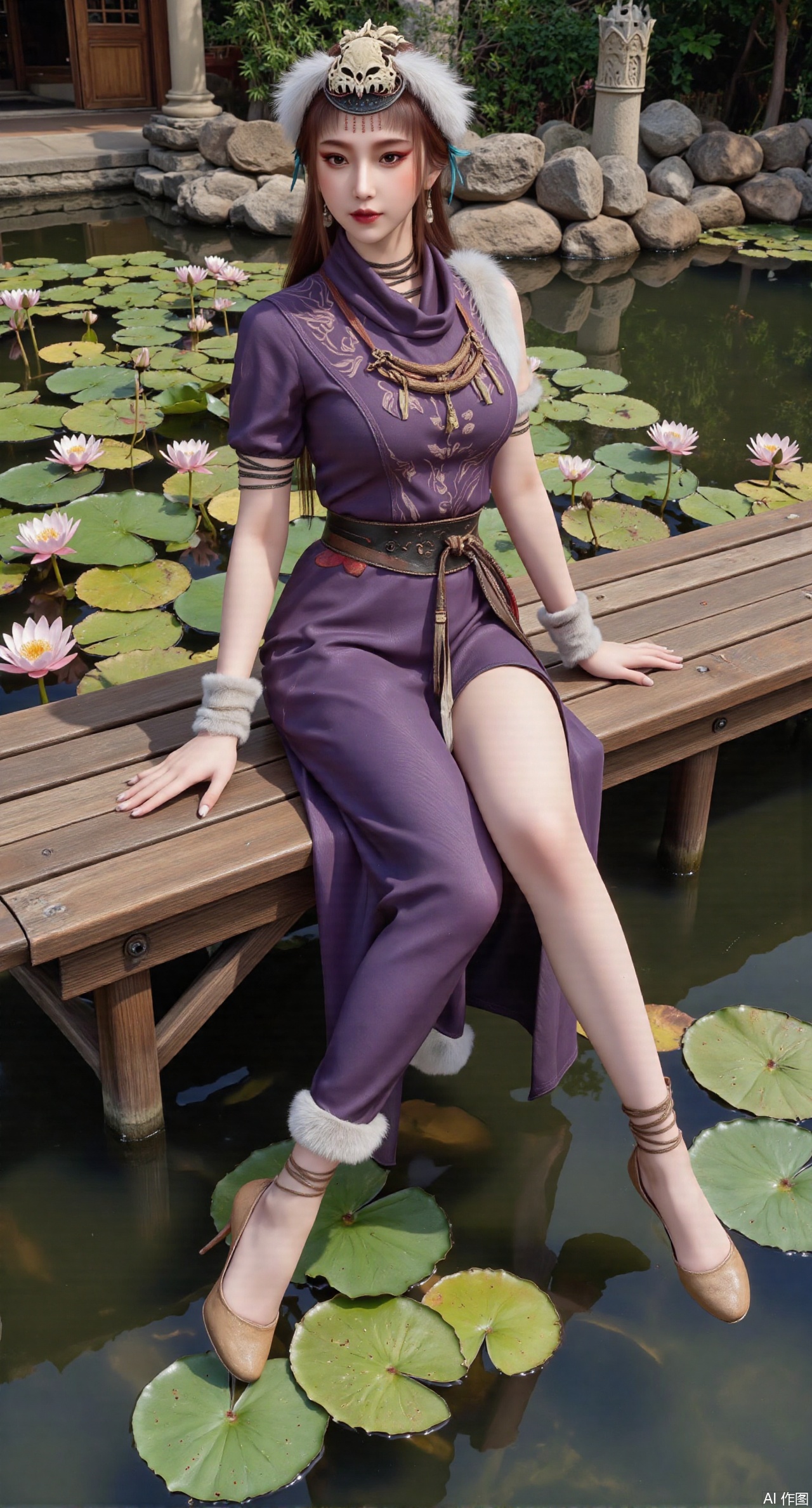  (masterpiece:1.2),best quality,The image is a digital illustration of a young woman sitting on a wooden bench in a pond with lily pads. She is wearing a long dress with design on the chest and sleeves. The dress has a high neckline and short sleeves,Holding a lotus in hand. She has long dark hair styled in loose waves and is wearing gold high heels. The woman is posing with one hand on her hip and the other resting on the edge of the bench. The background is filled with pink and white lotus flowers and green leaves. The overall mood of the image is peaceful and serene,(huge breasts:2.99),(full breasts:2.99),(Background with traditional Chinese architecture,Pond, water lilies:1.39),,XzhihuaX,Xleidianjiangjun,Xyuenanaodai,XmeiningSMW,XhaiyuejiCosplay,Xyoulingniang,XbachongshenziCOS,XjiaodaiqunDHL,Xshuilian,Xhujiaoer,XshanhugongxinhaiCOS,XshengcaierX2,Xxiuhefu,Xsiyudan,XjiangchenY,XyouqianxueK