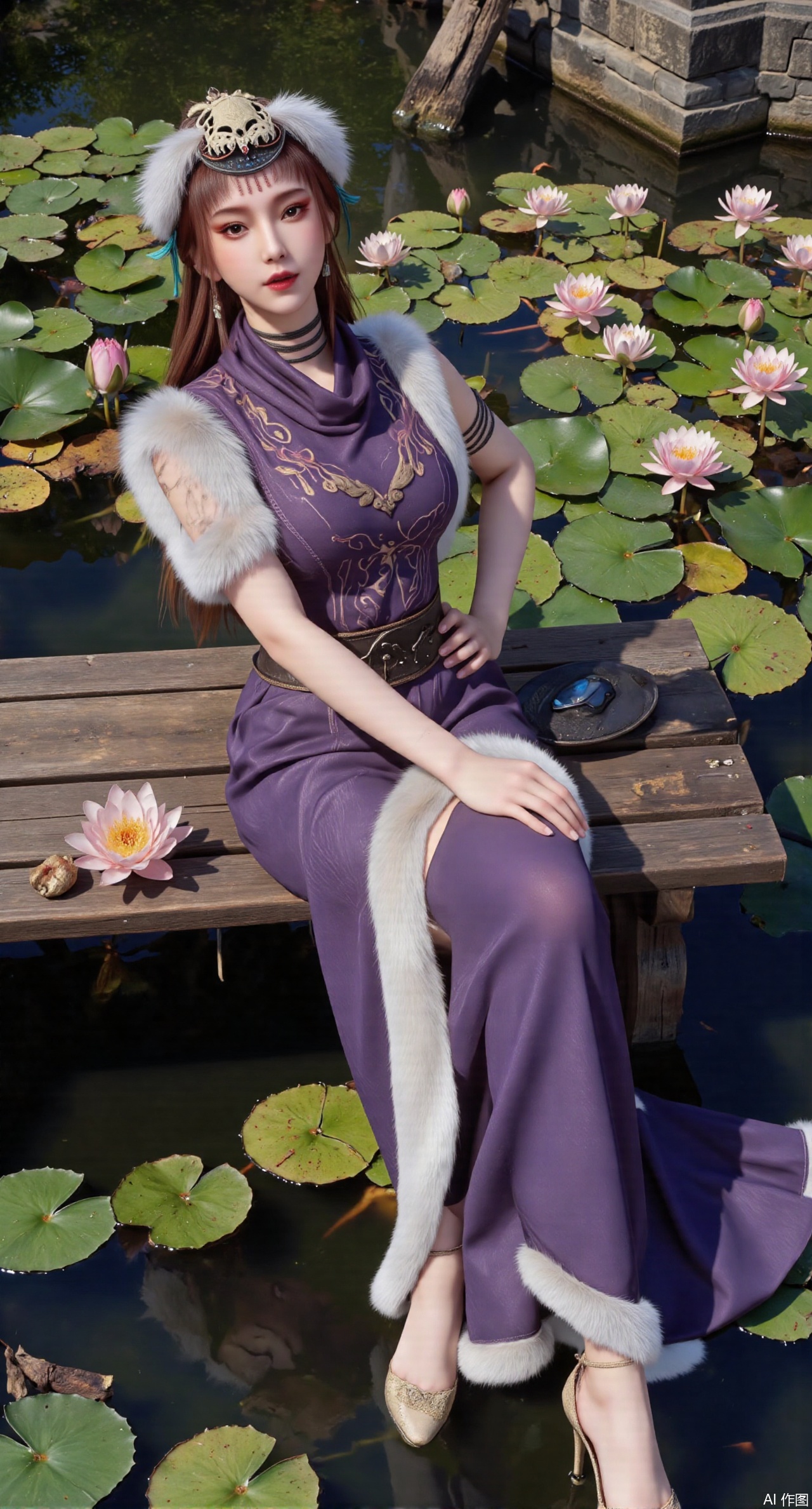  (masterpiece:1.2),best quality,The image is a digital illustration of a young woman sitting on a wooden bench in a pond with lily pads. She is wearing a long dress with design on the chest and sleeves. The dress has a high neckline and short sleeves,Holding a lotus in hand. She has long dark hair styled in loose waves and is wearing gold high heels. The woman is posing with one hand on her hip and the other resting on the edge of the bench. The background is filled with pink and white lotus flowers and green leaves. The overall mood of the image is peaceful and serene,(huge breasts:2.99),(full breasts:2.99),(Background with traditional Chinese architecture,Pond, water lilies:1.39),,XzhihuaX,Xleidianjiangjun,Xyuenanaodai,XmeiningSMW,XhaiyuejiCosplay,Xyoulingniang,XbachongshenziCOS,XjiaodaiqunDHL,Xshuilian,Xhujiaoer,XshanhugongxinhaiCOS,XshengcaierX2,Xxiuhefu,Xsiyudan,XjiangchenY,XyouqianxueK