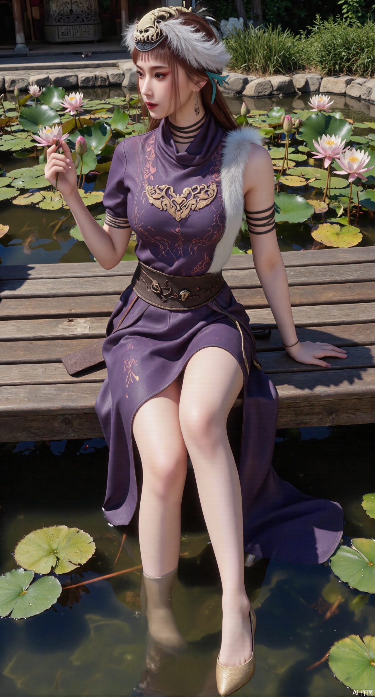  (masterpiece:1.2),best quality,The image is a digital illustration of a young woman sitting on a wooden bench in a pond with lily pads. She is wearing a long dress with design on the chest and sleeves. The dress has a high neckline and short sleeves,Holding a lotus in hand. She has long dark hair styled in loose waves and is wearing gold high heels. The woman is posing with one hand on her hip and the other resting on the edge of the bench. The background is filled with pink and white lotus flowers and green leaves. The overall mood of the image is peaceful and serene,(huge breasts:2.99),(full breasts:2.99),(Background with traditional Chinese architecture,Pond, water lilies:1.39),,XzhihuaX,Xleidianjiangjun,Xyuenanaodai,XmeiningSMW,XhaiyuejiCosplay,Xyoulingniang,XbachongshenziCOS,XjiaodaiqunDHL,Xshuilian,Xhujiaoer,XshanhugongxinhaiCOS,XshengcaierX2,Xxiuhefu,Xsiyudan,XjiangchenY,XyouqianxueK