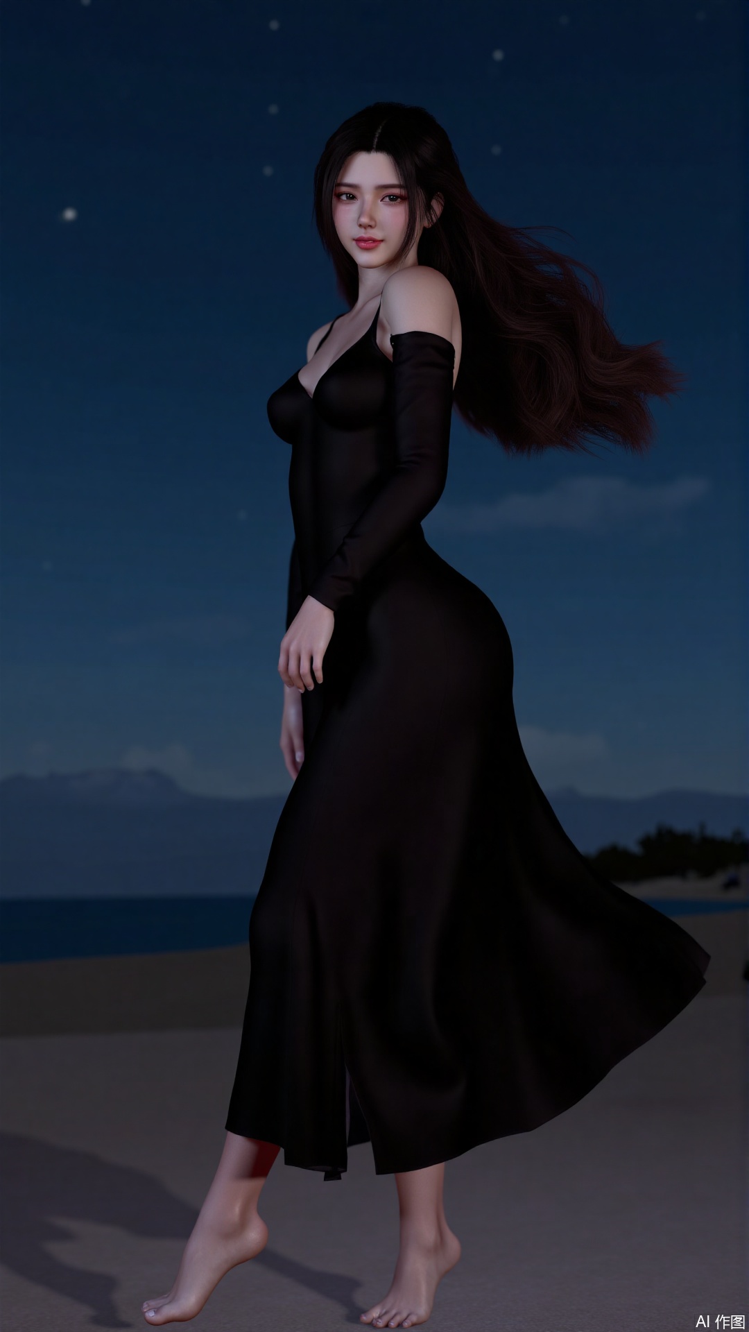 3D, high resolution, sharpness enhancement, extremely high resolution, 4k, added details, detail enhancement, sweet girl, (((full body))), ((long hair)), petite figure, ((slim waist)), facing the camera, slightly sideways, tilting head, cute smile, elegant black long dress, no shoes, barefoot, night, starry sky, beach, sea breeze, flowing hair,