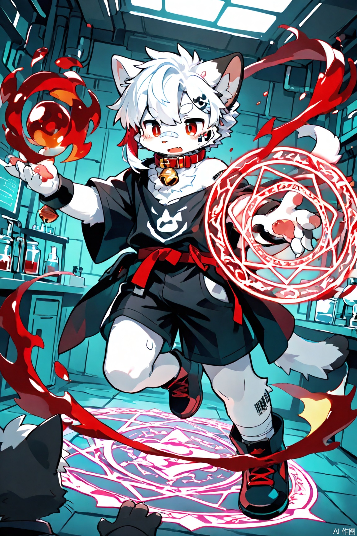 2boys,furry,laboratory,hemokinesis,magic circle,furry,white fur,cat boy,white hair,Right mid length drooping frontal hair,(Asymmetric hair on the temples:1.2),Expose left shoulder,wristband,thick eyebrows,barcode tattoo,bell on collar,Red Collar,Cortical collar,Large collar,white hair,bandage on nose,bandage on leg,ankle tie bell,red eyes,
