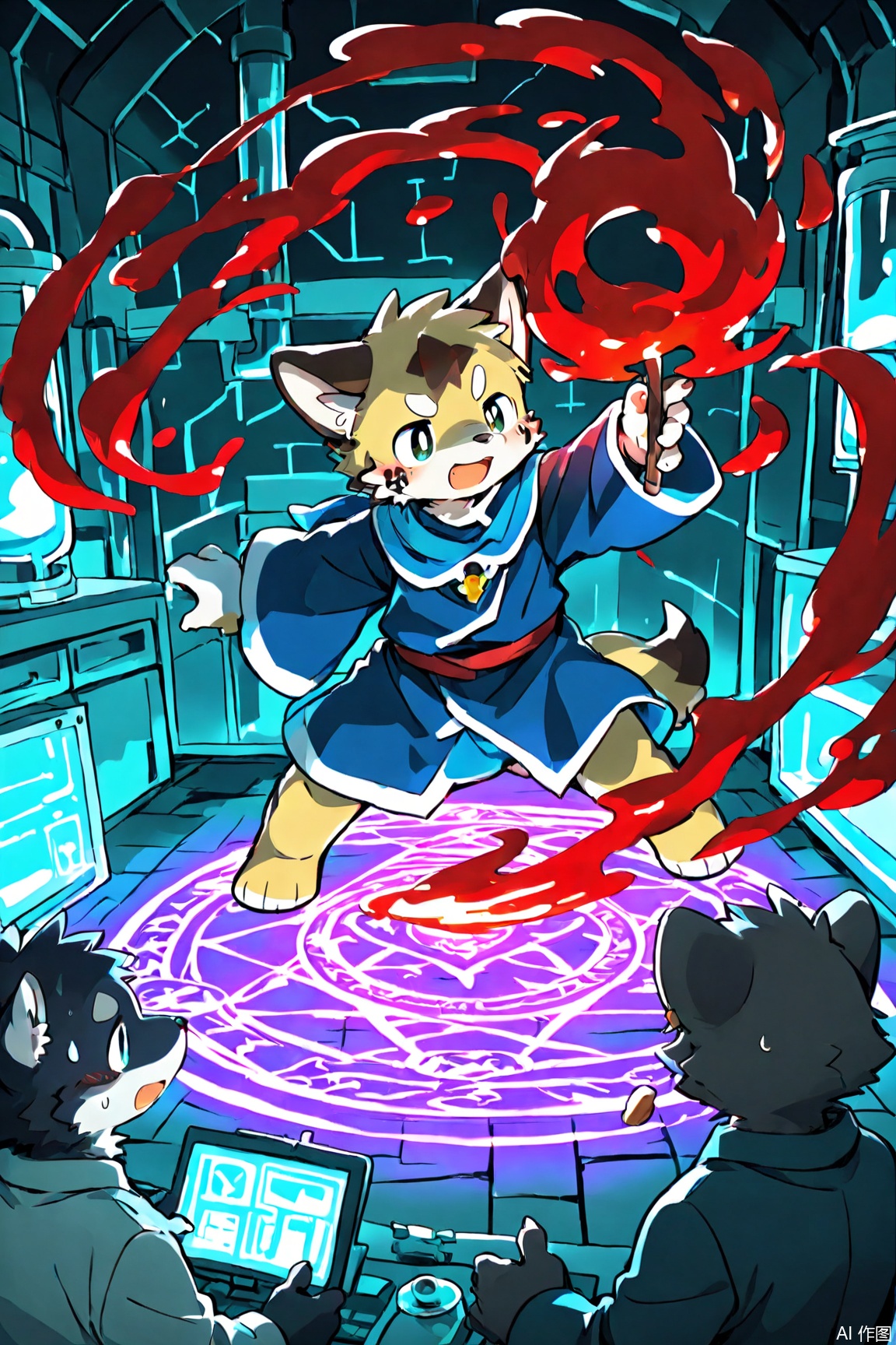 2boys,furry,laboratory,hemokinesis,magic circle
