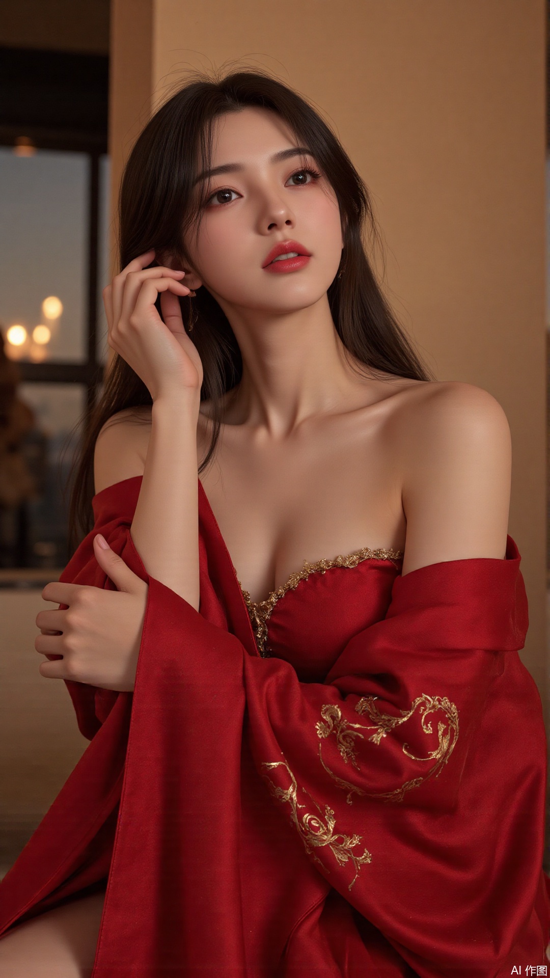 A stunning 18-year-old Chinese woman wraps herself in a vibrant red scarf, posing seductively against a sleek, modern backdrop. Soft, golden lighting accentuates her porcelain complexion and luscious locks. The camera captures the dramatic play of shadows on her features as she confidently flaunts her curves.