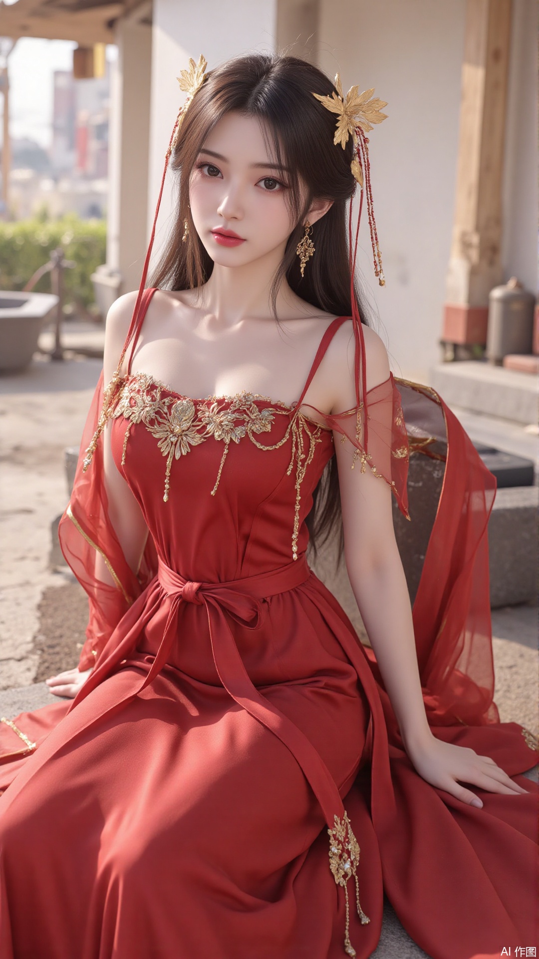 1girl, solo, red dress, jewelry, looking at viewer, long hair, dress, earrings, hair ornament, mischevious smile, perfect body, scenery, sharp focus, best quality, masterpiece, detailed outfit, illustration, perfect eyes, finely detailed beautiful anime eyes, realistic skin, intricate details, best lighting, depth of field, ultra high resolution,sitting