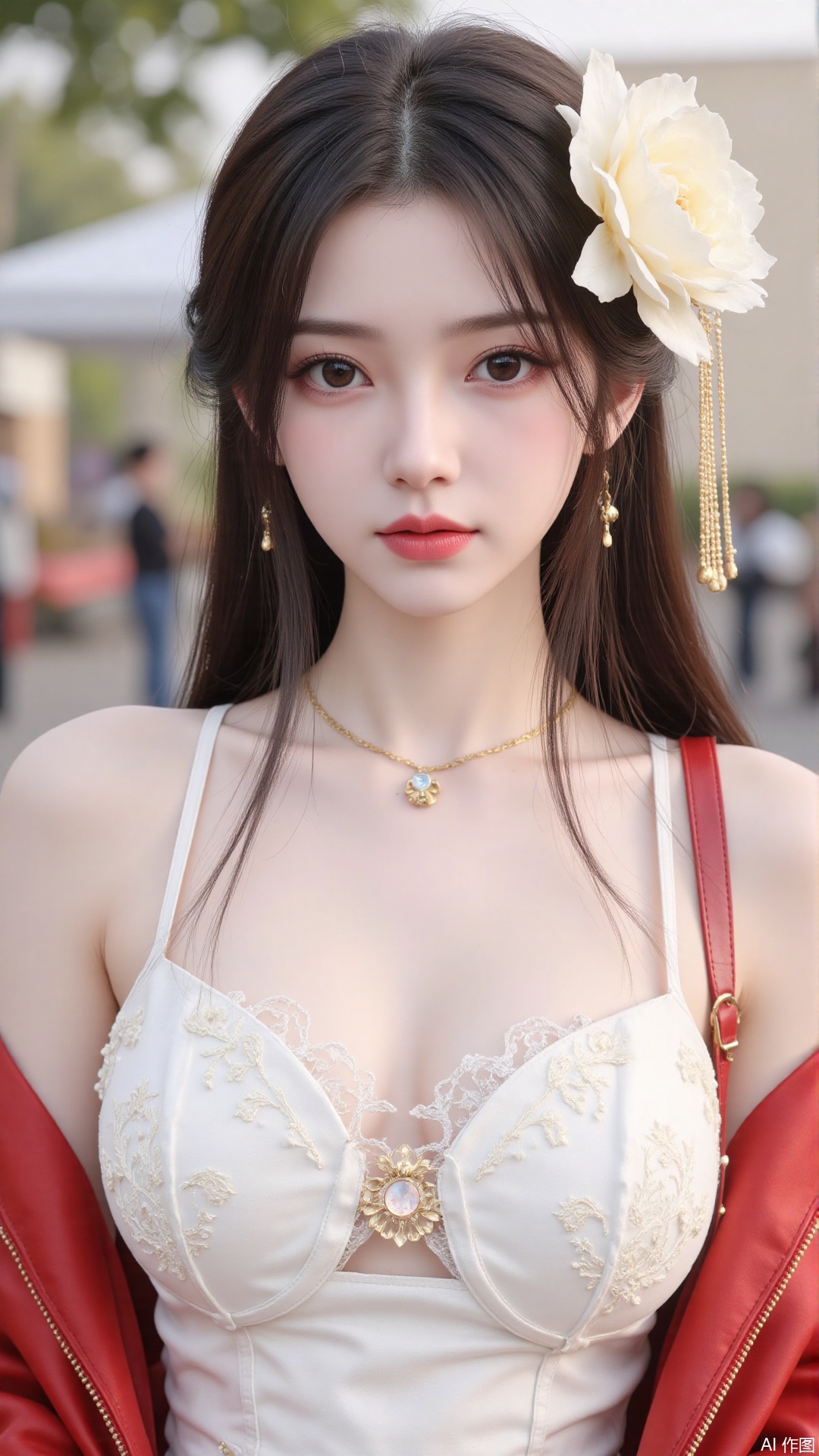 1girl,solo,jewelry,flower,hair flower,hair ornament,necklace,realistic,brown eyes,looking at viewer,dress,blurry background,twin braids,blurry,white dress,long hair,upper body,breasts,pink bow,red jacket,bare shoulders,lips,collarbone,outdoors,cleavage,large natural breast,soft breasts,huge Breasts