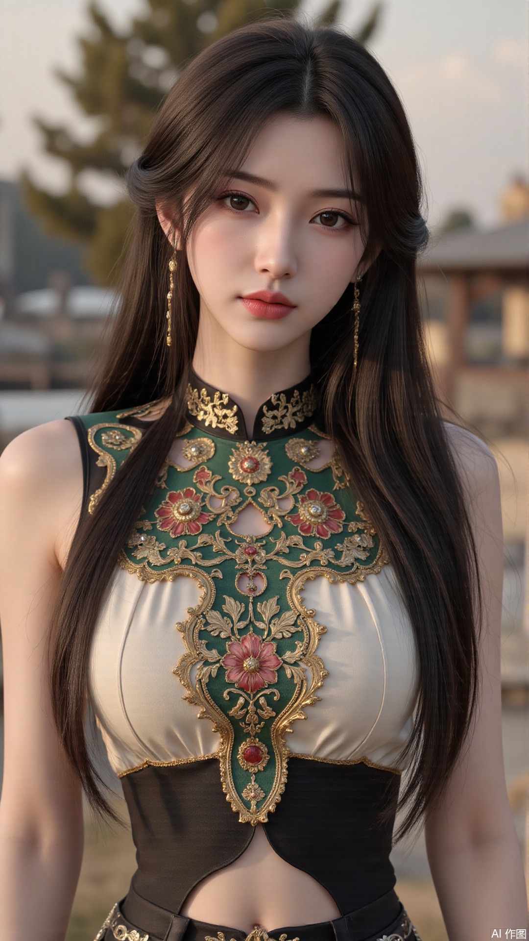  a asian woman, sexy long hair, blue eyes, charming and seductive temperament, distant close-up, golden ratio, movie texture, minimalism, high-end feeling, strong contrast between cold and warm, outdoor scenes, 