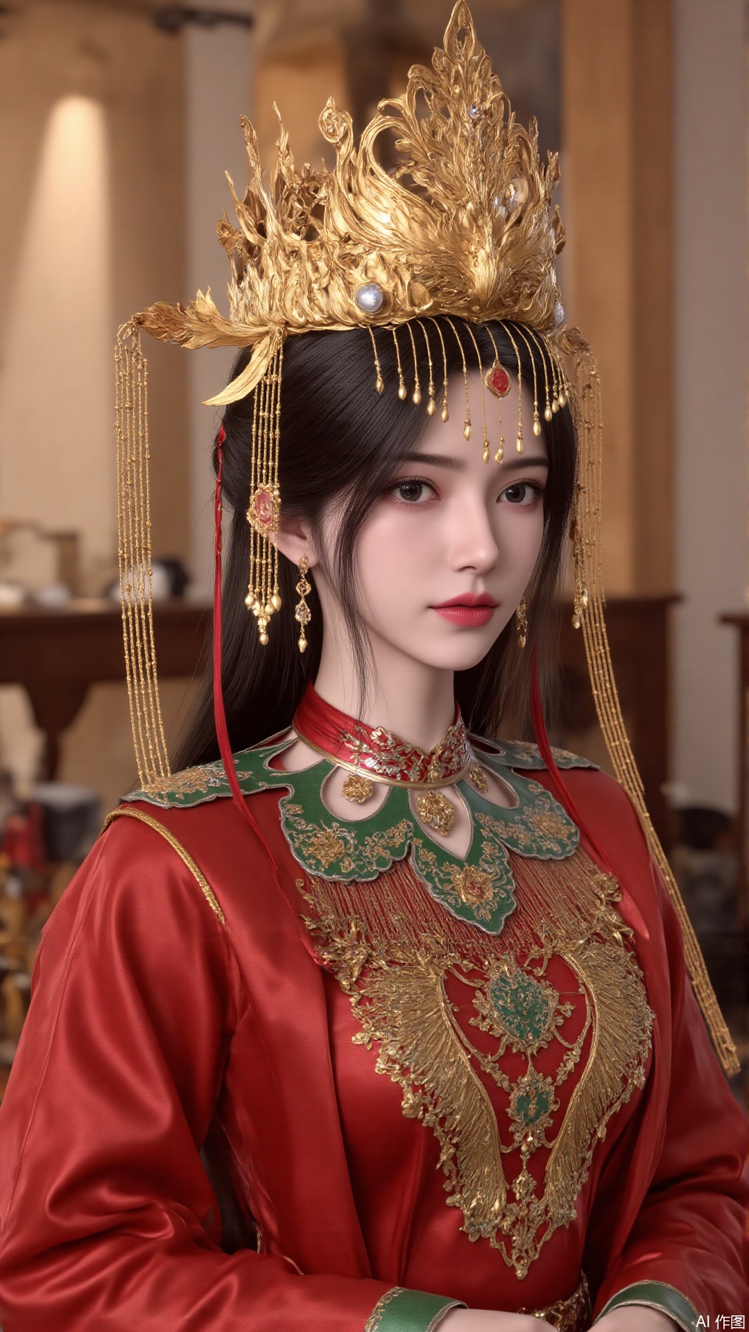 1girl, solo, red dress, jewelry, looking at viewer, long hair, dress, earrings, hair ornament, mischevious smile, perfect body, scenery, sharp focus, best quality, masterpiece, detailed outfit, illustration, perfect eyes, finely detailed beautiful anime eyes, realistic skin, intricate details, best lighting, depth of field, ultra high resolution,cowboy_shot