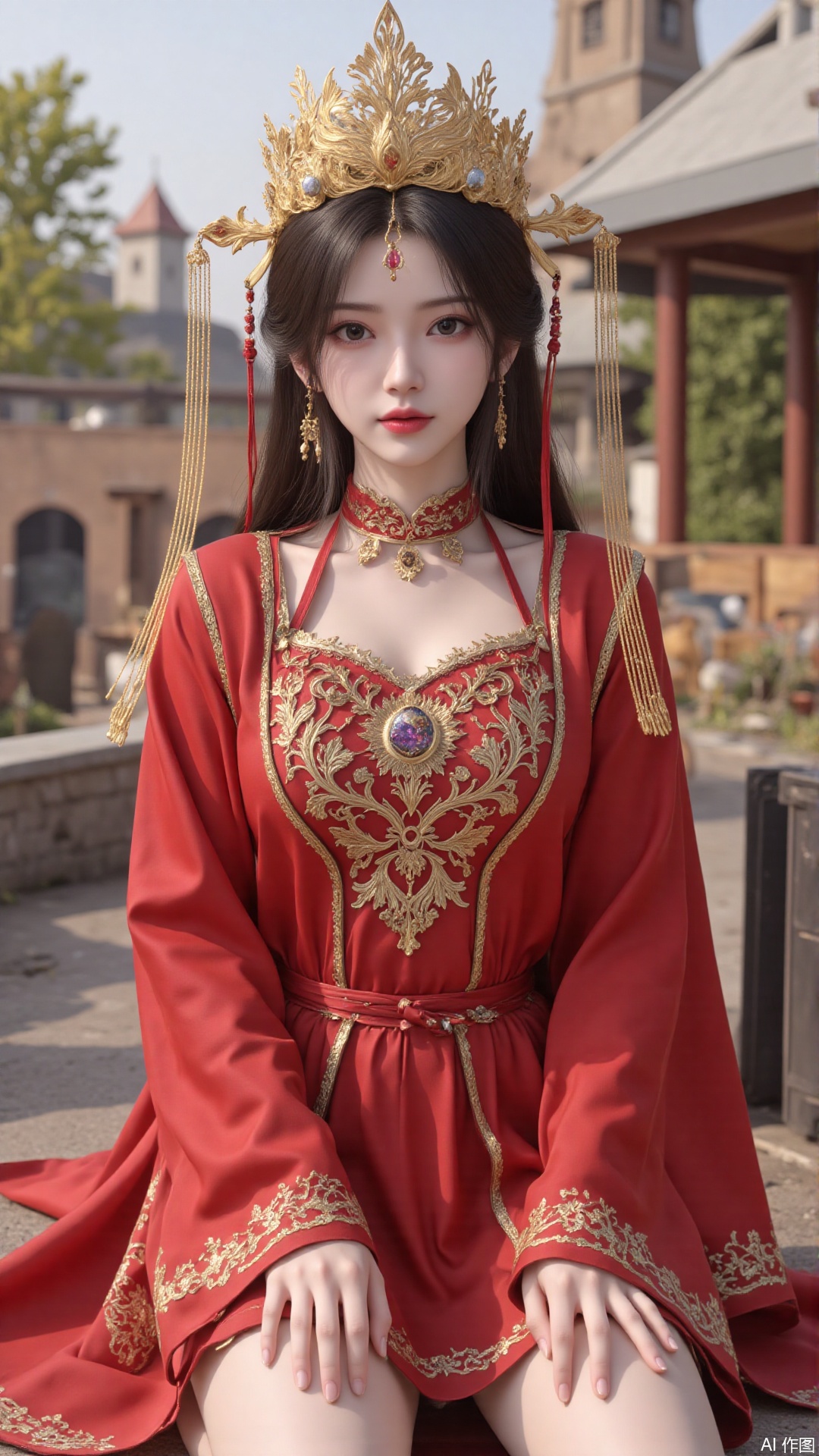 1girl, solo, red dress, jewelry, looking at viewer, long hair, dress, earrings, hair ornament, mischevious smile, perfect body, scenery, sharp focus, best quality, masterpiece, detailed outfit, illustration, perfect eyes, finely detailed beautiful anime eyes, realistic skin, intricate details, best lighting, depth of field, ultra high resolution,cowboy_shot