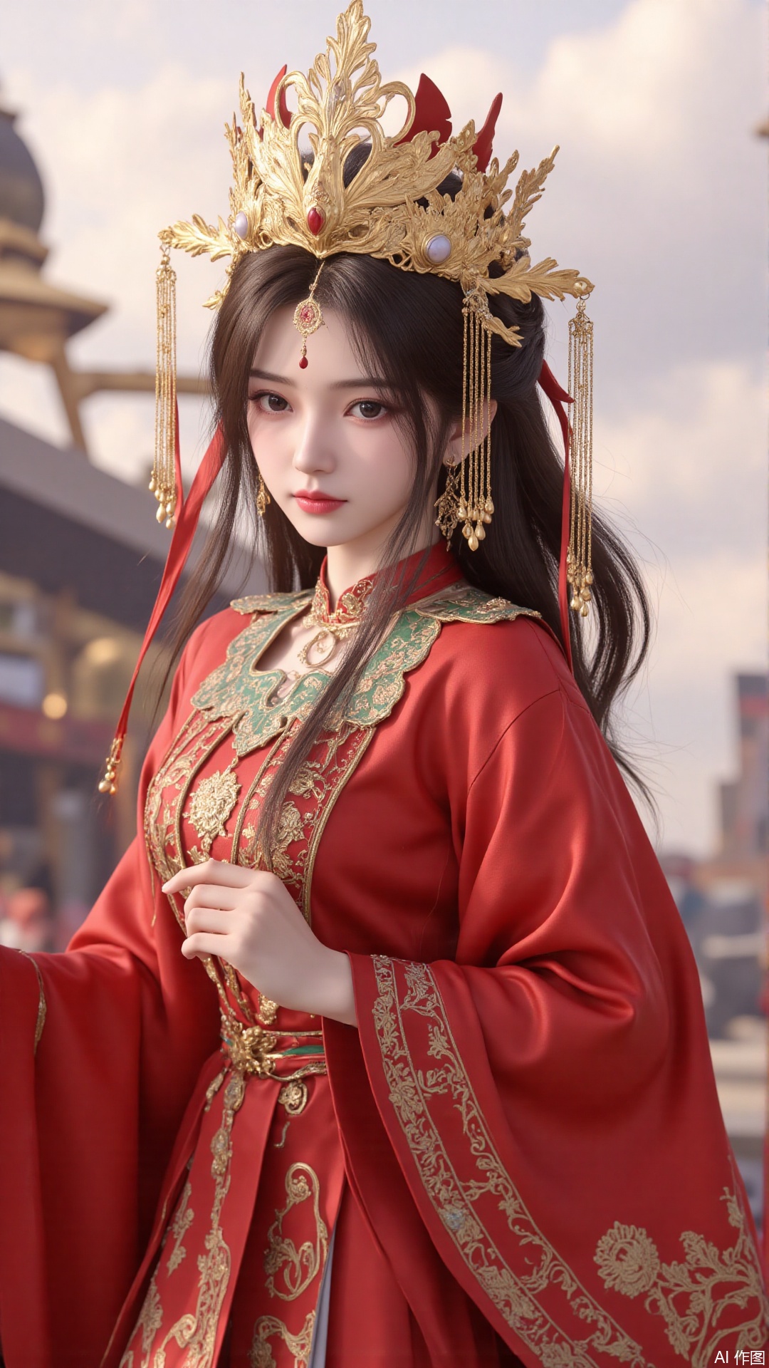 1girl, solo, red dress, jewelry, looking at viewer, long hair, dress, earrings, hair ornament, mischevious smile, perfect body, scenery, sharp focus, best quality, masterpiece, detailed outfit, illustration, perfect eyes, finely detailed beautiful anime eyes, realistic skin, intricate details, best lighting, depth of field, ultra high resolution,sitting
