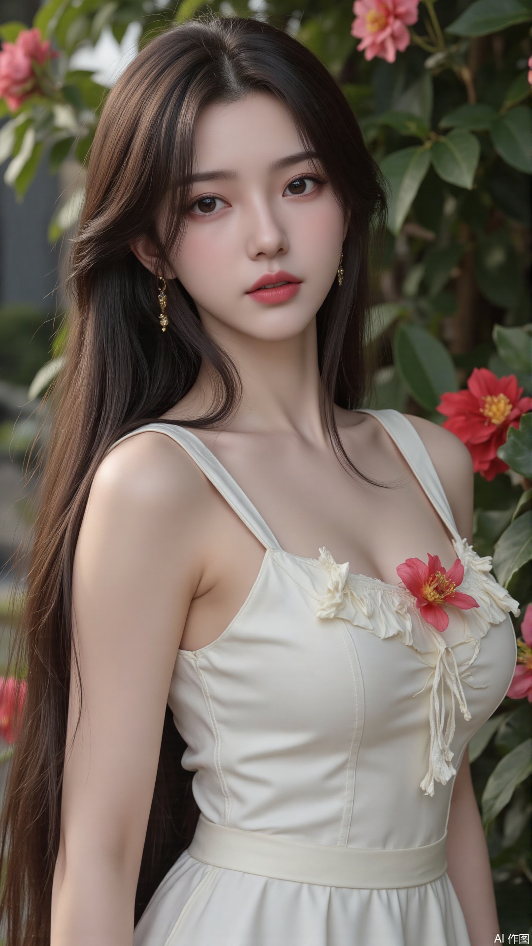 1girl, solo, long hair, breasts, looking at viewer, blush, open mouth, bangs, brown hair, hair ornament, dress, bare shoulders, brown eyes, medium breasts, collarbone, flower, parted lips, hair flower, water, white dress, sleeveless dress, leaf, plant, red flower, partially submerged, hibiscus
,backlighting,depth of field,cinematic lighting,light particles,lens flare, (artist:quasarcake:0.8),extreme aesthetic,(wlop:0.6),masterpiece,best quality,good quality,newest,very aesthetic,absurdres,Visual impact,A shot with tension, ultra-high resolution,32K UHD,sharp focus,best-quality,masterpiece,Emotionalization,unconventional supreme masterpiece,masterful details,temperate atmosphere,with a high-end texture,in the style of fashion photography, (alzi xiaomI:1.2),(mogumo:1.1),(good hands, nice hands:0.5),giving the poster a dynamic and visually striking appearance,impactful picture,offcial art,colorful,movie perspective, masterpiece,best quality,amazing quality,very aesthetic,absurdres,best quality,newest