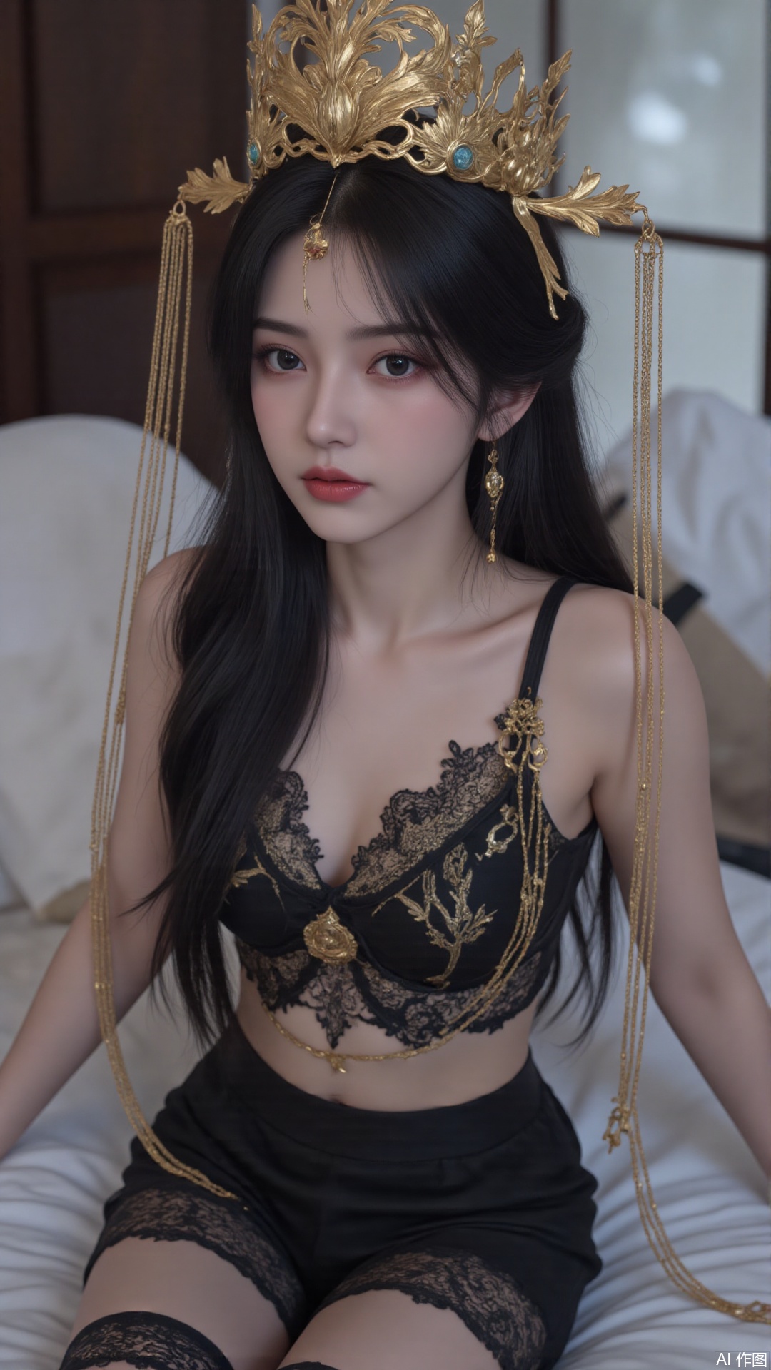 1girl, solo,Long hair, black hair, blue eyes, black nightgown, black lace stockings, bare shoulders, leaning against the pillow, with a sad expression, in bed, at night, white moonlight shining on the body, .(all body) (Show whole body),(all body),(artist:quasarcake:0.8),extreme aesthetic,(wlop:0.6),masterpiece,best quality,good quality,newest,very aesthetic,absurdres,Visual impact,A shot with tension, ultra-high resolution,32K UHD,sharp focus,best-quality,masterpiece,Emotionalization,unconventional supreme masterpiece,masterful details,temperate atmosphere,with a high-end texture,in the style of fashion photography, (Visual impact:1.2),visually striking appearance,impactful picture,offcial art,colorful,splash of color,movie perspective, masterpiece,best quality,amazing quality,very aesthetic,absurdres,best quality,newest