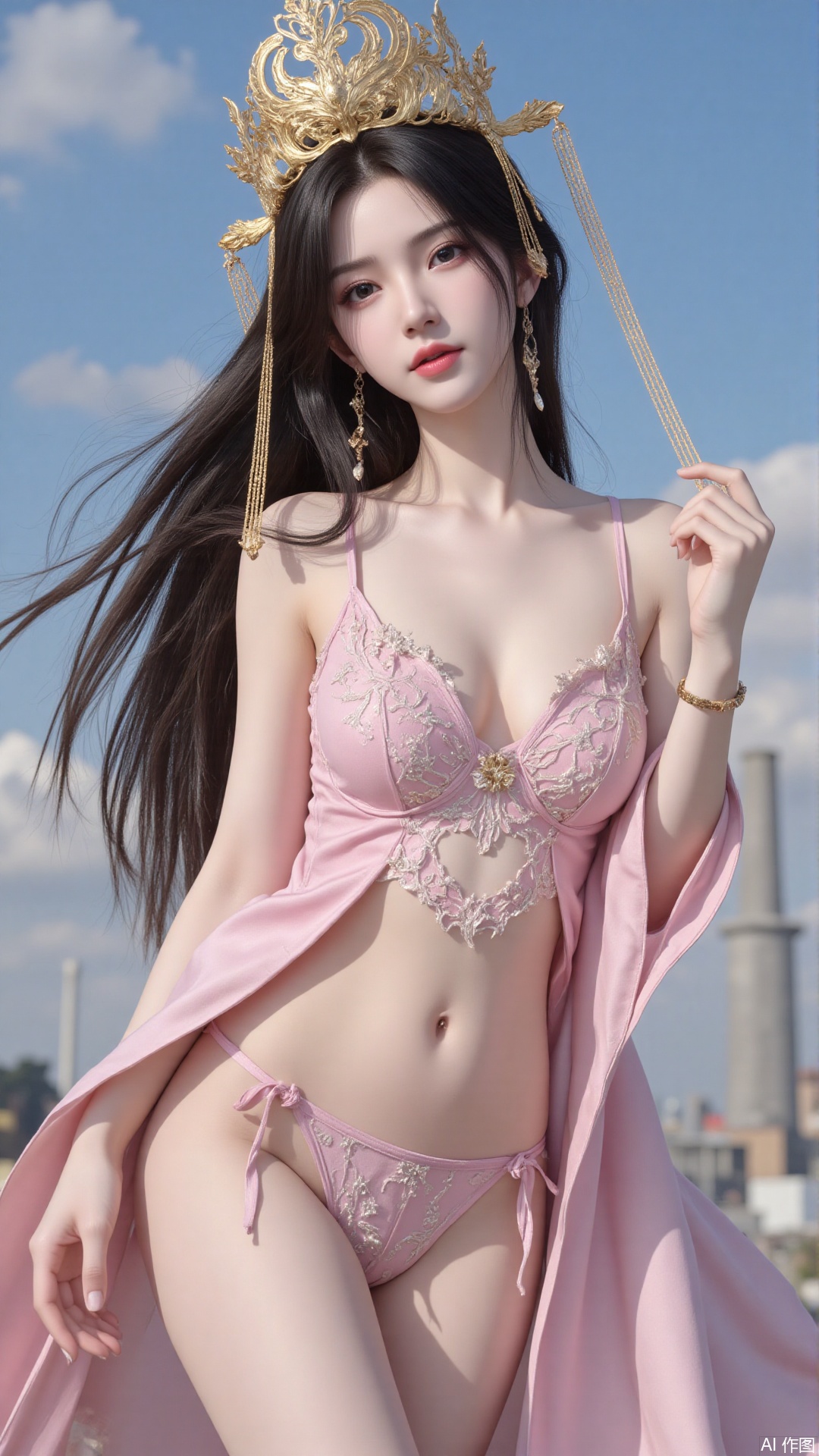 Very detailed face, extremely detailed eyes and face, blue eyes, (vacuum), 8K wallpaper, light leak, beautiful and detailed girl, extremely detailed CGUnity8K wallpaper, an extremely detailed and beautiful, beautiful and detailed eyes, masterpiece, best quality, Real photo level, (frontal shooting panoramic perspective), ( (Full body photo)), dynamic angle, dynamic pose, solo, ancient style silver hairpin with petals, blue sky and white clouds, (C cup), (huge round breasts), slender legs, super good figure, stunning beauty, (whole body in the mirror) , (wearing Lolita nightgown), (light reflects the shadow of the body through the clothes),vacuum,bare and smooth
