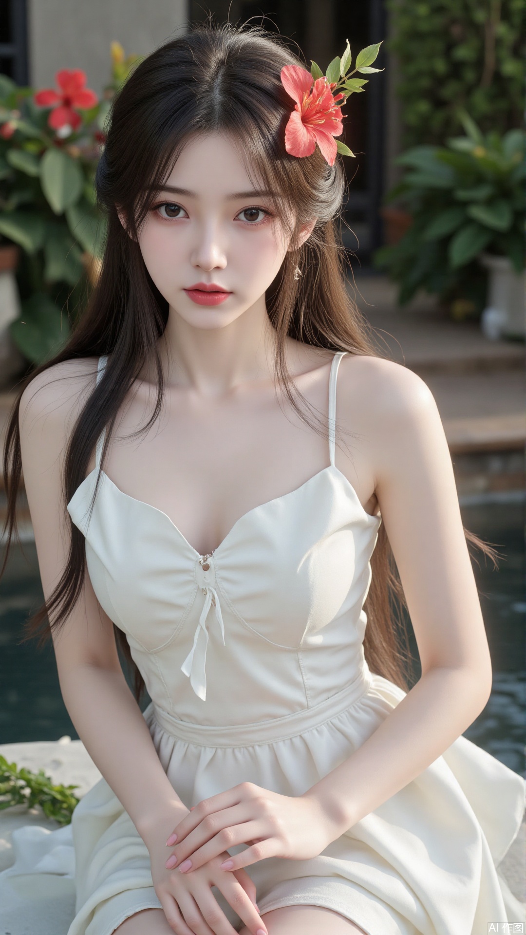 1girl, solo, long hair, breasts, looking at viewer, blush, open mouth, bangs, brown hair, hair ornament, dress, bare shoulders, brown eyes, medium breasts, collarbone, flower, parted lips, hair flower, water, white dress, sleeveless dress, leaf, plant, red flower, partially submerged, hibiscus
,backlighting,depth of field,cinematic lighting,light particles,lens flare, (artist:quasarcake:0.8),extreme aesthetic,(wlop:0.6),masterpiece,best quality,good quality,newest,very aesthetic,absurdres,Visual impact,A shot with tension, ultra-high resolution,32K UHD,sharp focus,best-quality,masterpiece,Emotionalization,unconventional supreme masterpiece,masterful details,temperate atmosphere,with a high-end texture,in the style of fashion photography, (alzi xiaomI:1.2),(mogumo:1.1),(good hands, nice hands:0.5),giving the poster a dynamic and visually striking appearance,impactful picture,offcial art,colorful,movie perspective, masterpiece,best quality,amazing quality,very aesthetic,absurdres,best quality,newest