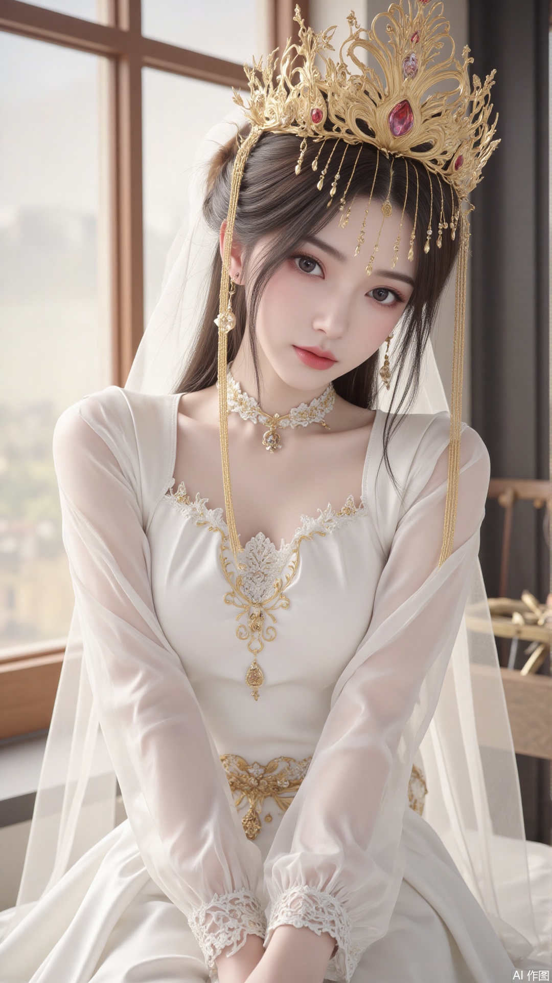 1girl, white wedding dress,looking at viewer, mischevious smile, perfect body, scenery, sharp focus, best quality, masterpiece, detailed outfit, illustration, perfect eyes, finely detailed beautiful anime eyes, realistic skin, intricate details, best lighting, depth of field, ultra high resolution, cowboy_shot, bride