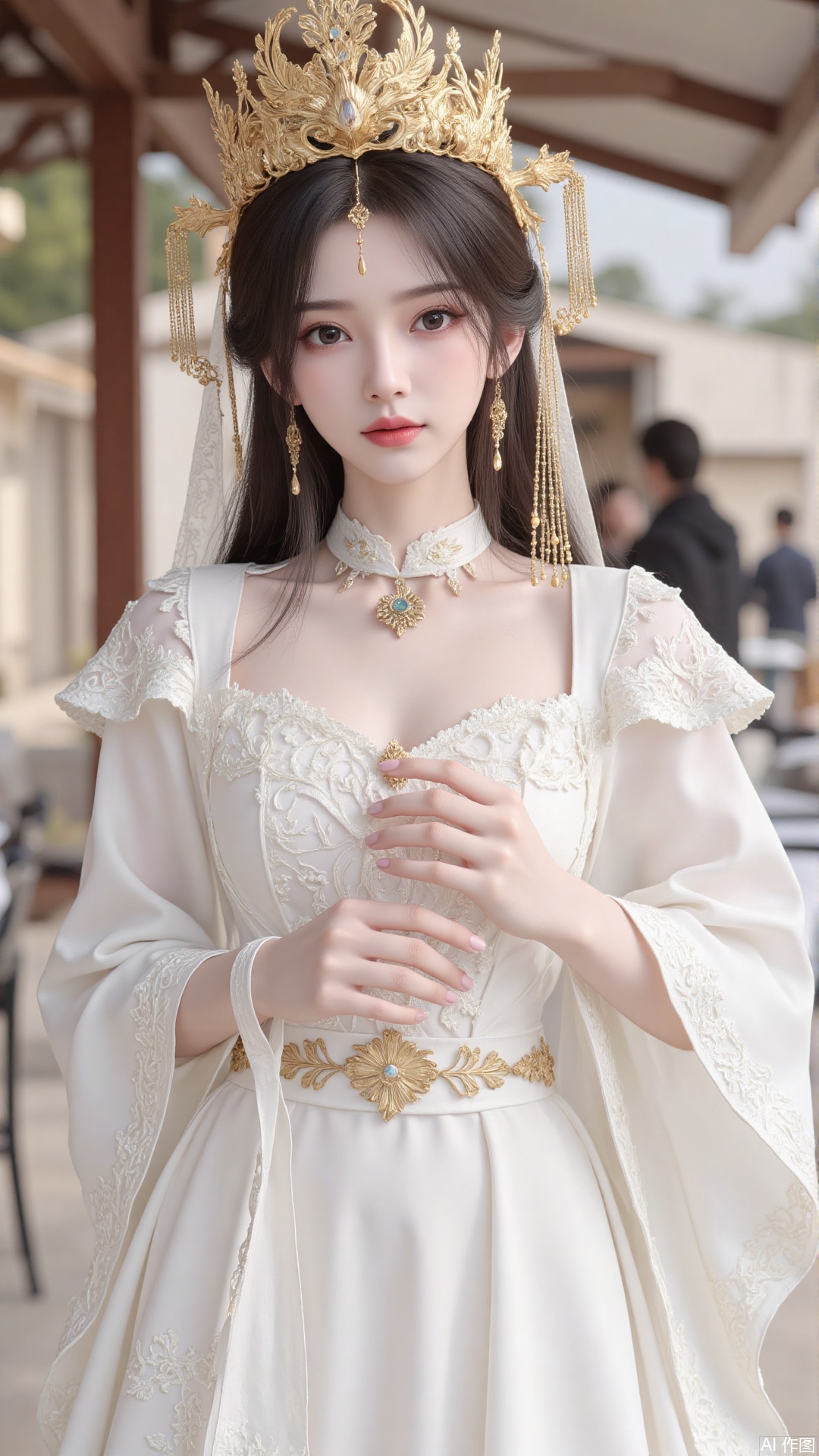 1girl, white wedding dress,looking at viewer, mischevious smile, perfect body, scenery, sharp focus, best quality, masterpiece, detailed outfit, illustration, perfect eyes, finely detailed beautiful anime eyes, realistic skin, intricate details, best lighting, depth of field, ultra high resolution, cowboy_shot, bride