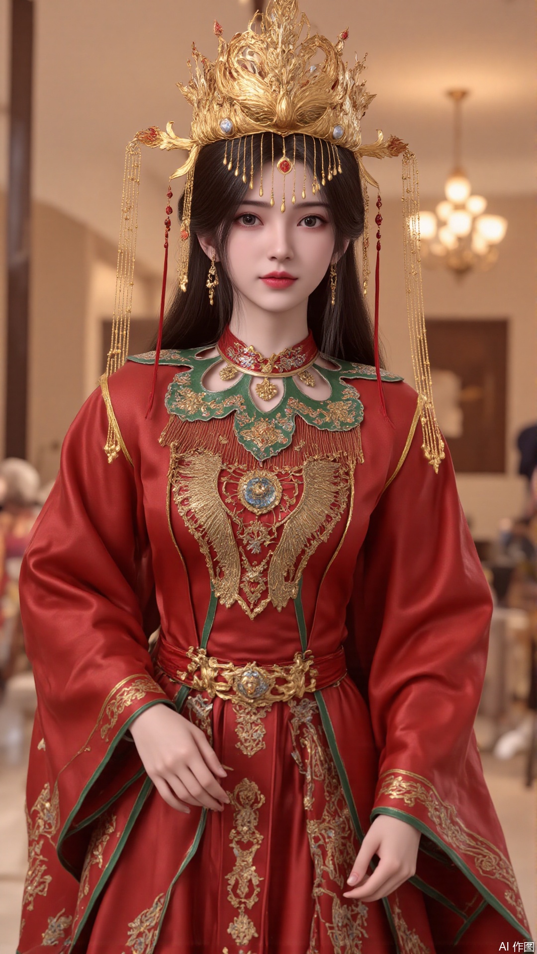 1girl, solo, red dress, jewelry, looking at viewer, long hair, dress, earrings, hair ornament, mischevious smile, perfect body, scenery, sharp focus, best quality, masterpiece, detailed outfit, illustration, perfect eyes, finely detailed beautiful anime eyes, realistic skin, intricate details, best lighting, depth of field, ultra high resolution,sitting
