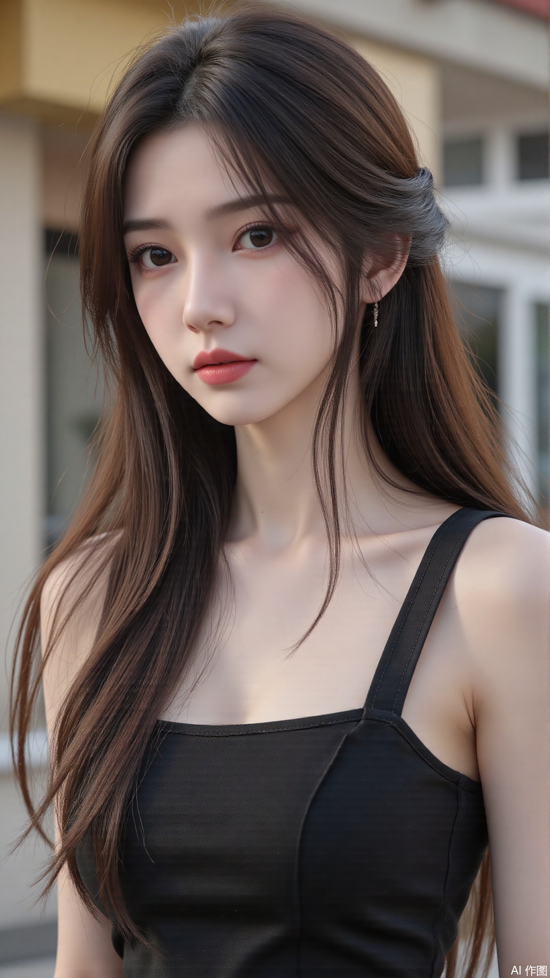 a asian woman, sexy long hair, blue eyes, charming and seductive temperament, distant close-up, golden ratio, movie texture, minimalism, high-end feeling, strong contrast between cold and warm, outdoor scenes, 
