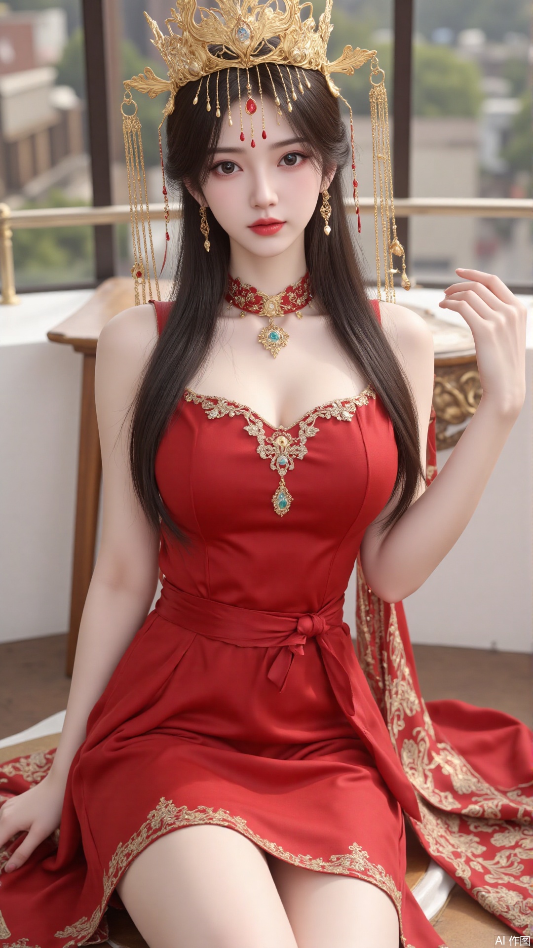 1girl, solo, red dress, jewelry, looking at viewer, long hair, dress, earrings, hair ornament, mischevious smile, perfect body, scenery, sharp focus, best quality, masterpiece, detailed outfit, illustration, perfect eyes, finely detailed beautiful anime eyes, realistic skin, intricate details, best lighting, depth of field, ultra high resolution,sitting