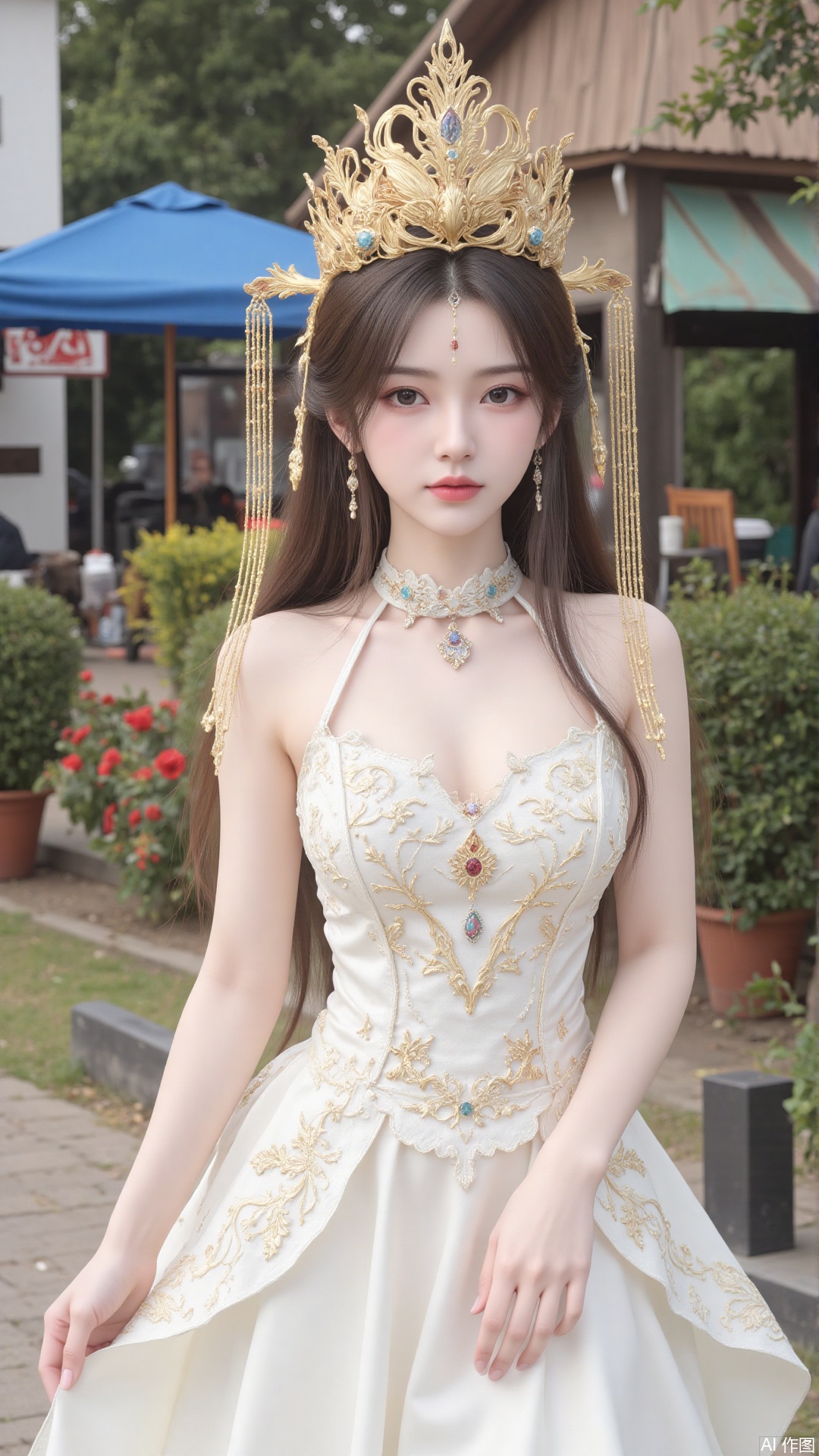 1girl, white wedding dress,looking at viewer, mischevious smile, perfect body, scenery, sharp focus, best quality, masterpiece, detailed outfit, illustration, perfect eyes, finely detailed beautiful anime eyes, realistic skin, intricate details, best lighting, depth of field, ultra high resolution, cowboy_shot, bride
