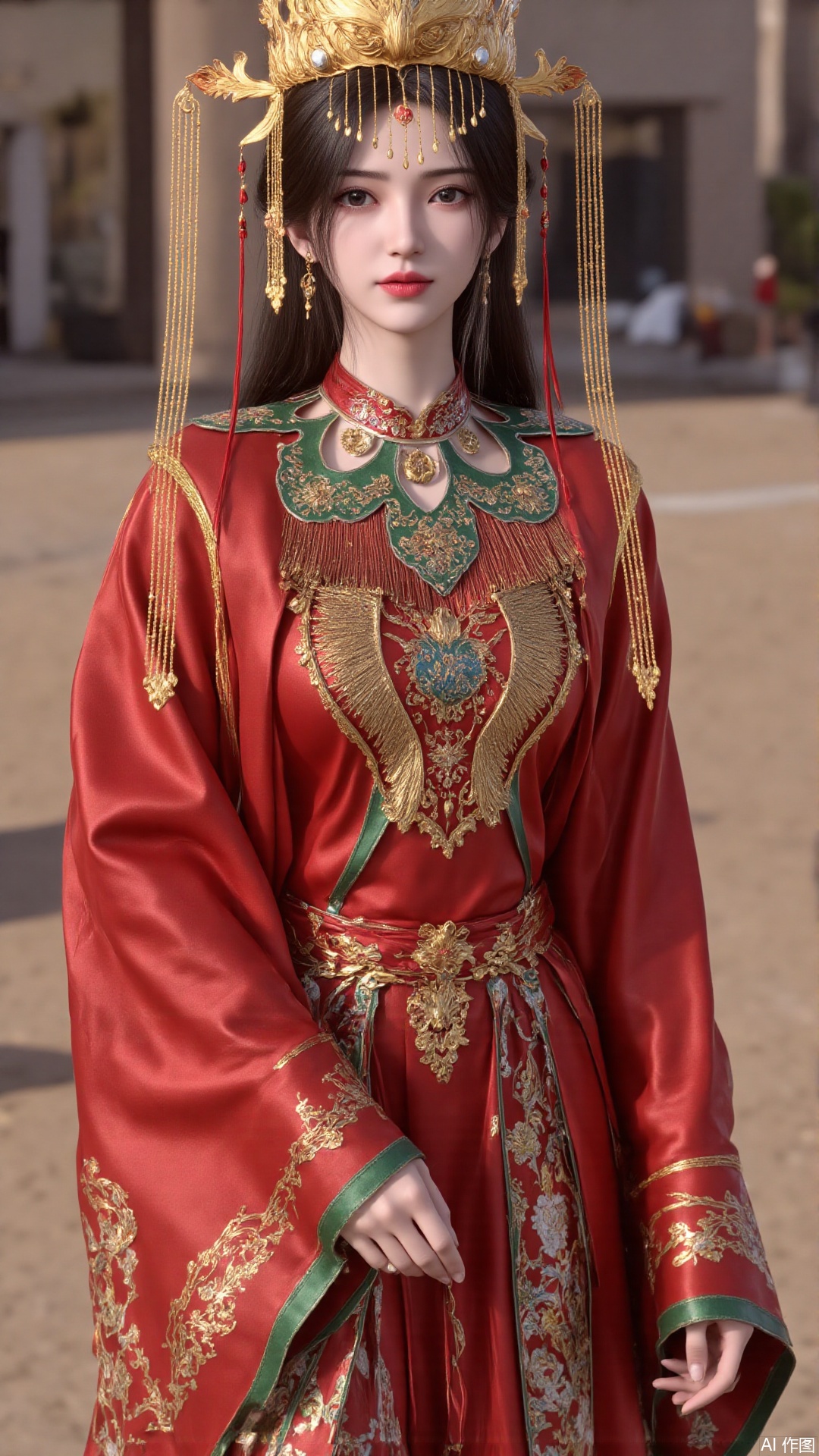 1girl, solo, red dress, jewelry, looking at viewer, long hair, dress, earrings, hair ornament, mischevious smile, perfect body, scenery, sharp focus, best quality, masterpiece, detailed outfit, illustration, perfect eyes, finely detailed beautiful anime eyes, realistic skin, intricate details, best lighting, depth of field, ultra high resolution,cowboy_shot