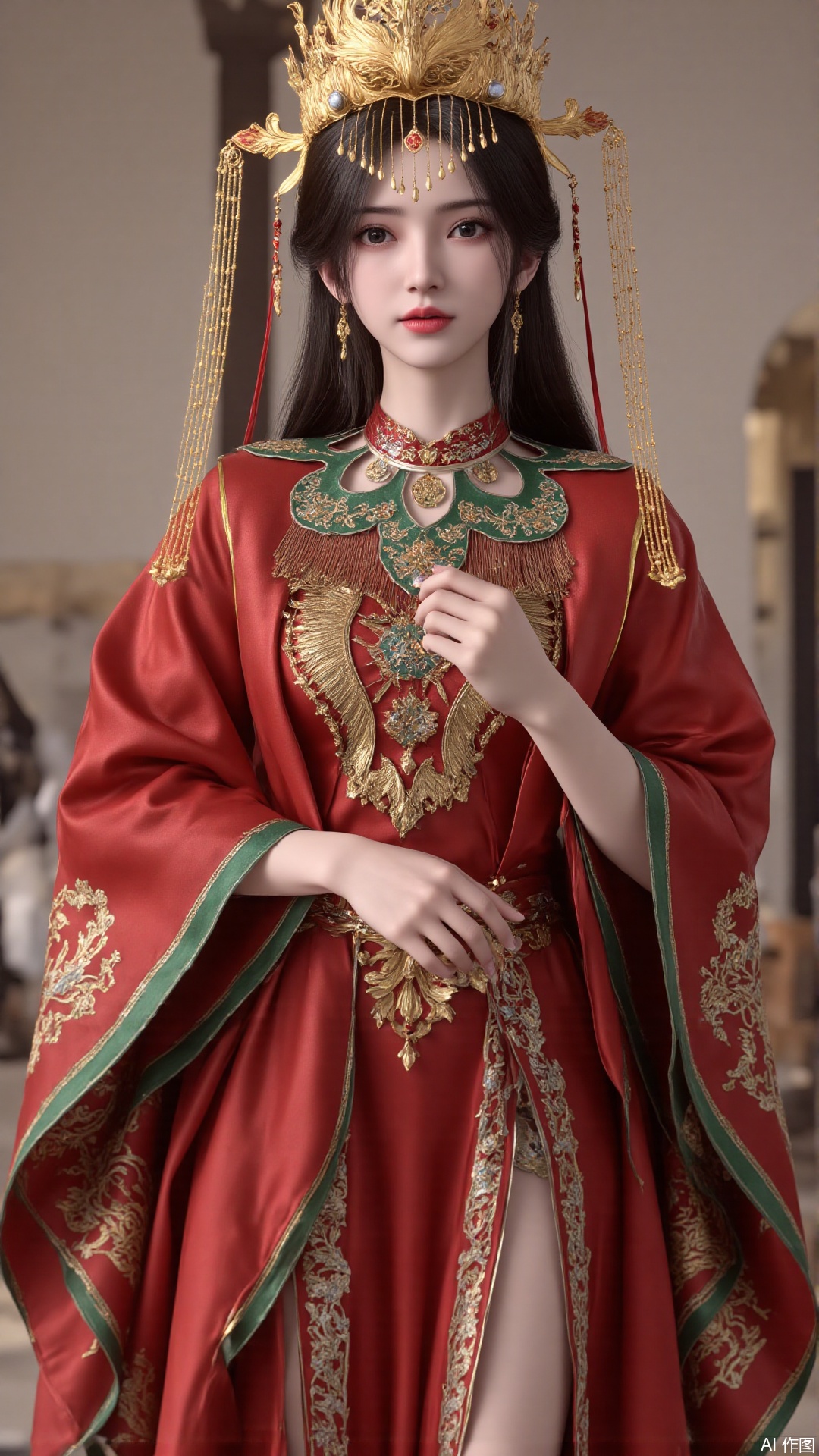 1girl, solo, red dress, jewelry, looking at viewer, long hair, dress, earrings, hair ornament, mischevious smile, perfect body, scenery, sharp focus, best quality, masterpiece, detailed outfit, illustration, perfect eyes, finely detailed beautiful anime eyes, realistic skin, intricate details, best lighting, depth of field, ultra high resolution,sitting