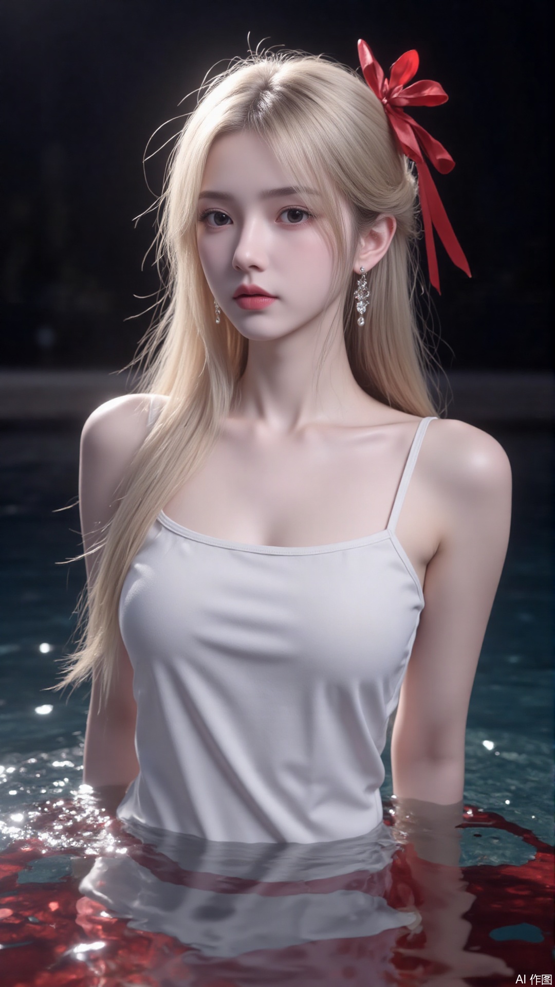 1girl, solo, long hair, red lips,looking at viewer, upper body, glowing hair,hair ornament,white sling shirt,bare shoulders,in water,hair bun,ribbon,earrings,black background,light,dark background