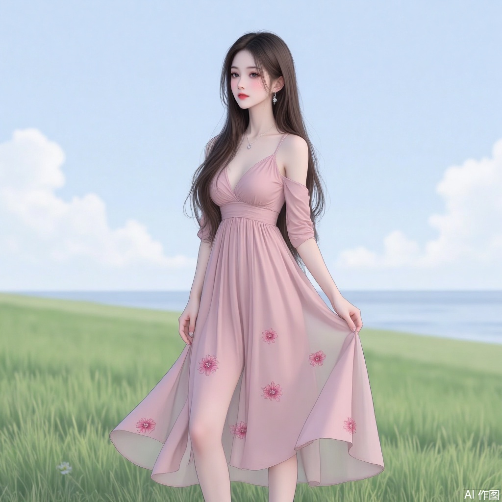 This photo is a digital illustration of a young woman standing on a green grassland. She was wearing a long flowing pink dress with flower patterns. The skirt has a deep V-neck and long sleeves, and the skirt hangs on the legs. She had long black hair and looked to the side with a gentle expression on her face. Background shows beautiful view of the sky. The overall mood of the image is calm and quiet.