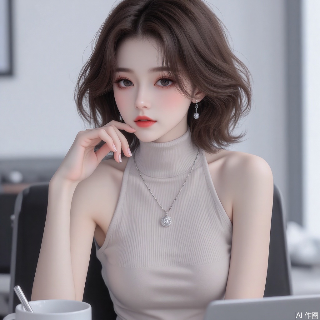 1 girl, short hair, dark hair, fashionable women's clothing, single focus, necklace, cup, cosmetics, lipstick,