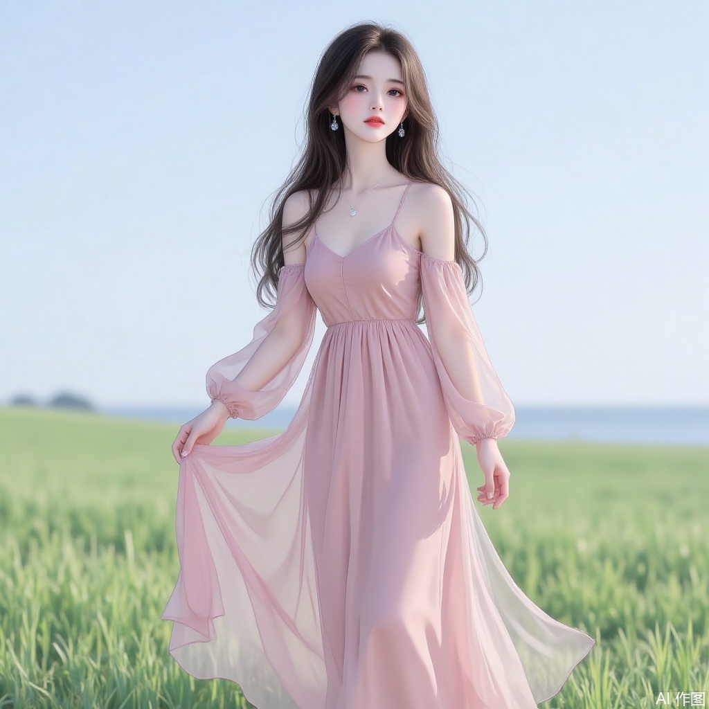 This photo is a digital illustration of a young woman standing on a green grassland. She was wearing a long flowing pink dress with flower patterns. The skirt has a deep V-neck and long sleeves, and the skirt hangs on the legs. She had long black hair and looked to the side with a gentle expression on her face. Background shows beautiful view of the sky. The overall mood of the image is calm and quiet.