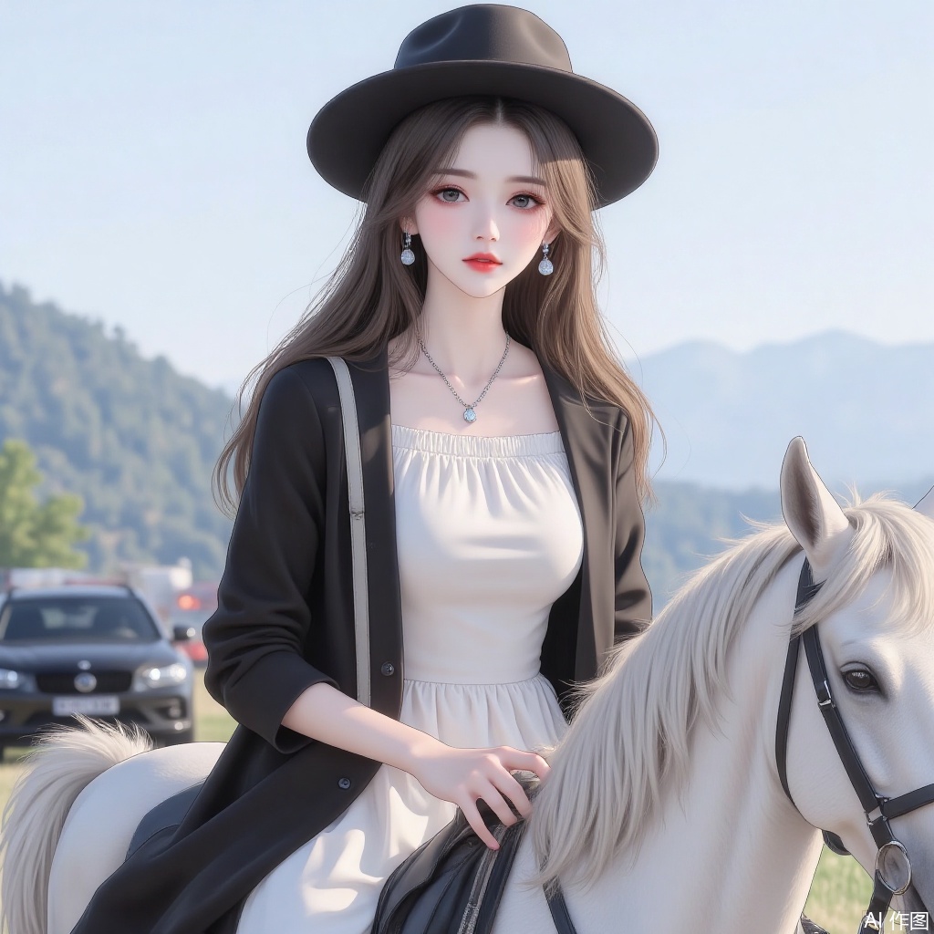 1girl, solo, long hair, brown hair, hat, dress, jewelry, jacket, earrings, outdoors, parted lips, necklace, white dress, coat, ground vehicle, motor vehicle, mountain, red lips, riding, horse