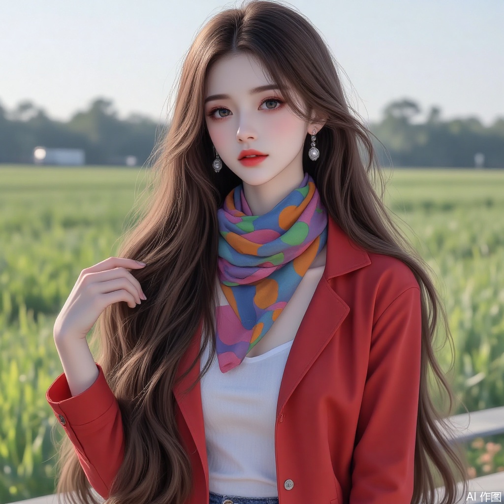 Long hair, red windbreaker, colorful scarf, elegant, beautiful, green grassland