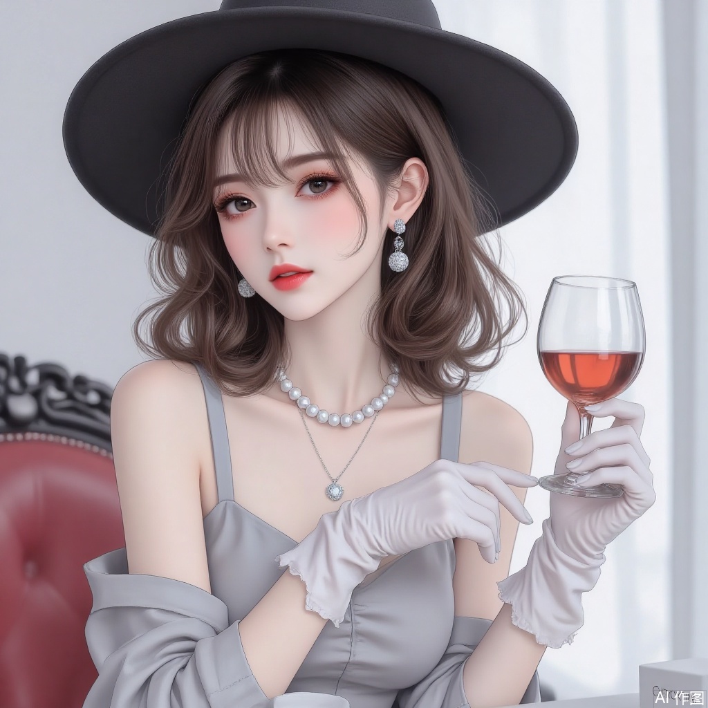1girl, looking at viewer, short hair, black hair, gloves, hat, dress, holding, jewelry, flower, earrings, parted lips, solo focus, white gloves, necklace, cup, makeup, lipstick, alcohol, drinking glass, drink, red lips, wine glass, pearl necklace