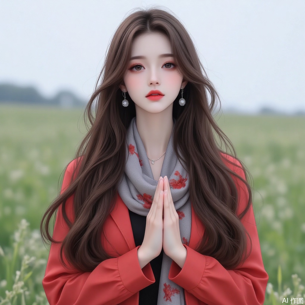 Long hair, red windbreaker, colorful scarf, elegant, beautiful, green grassland