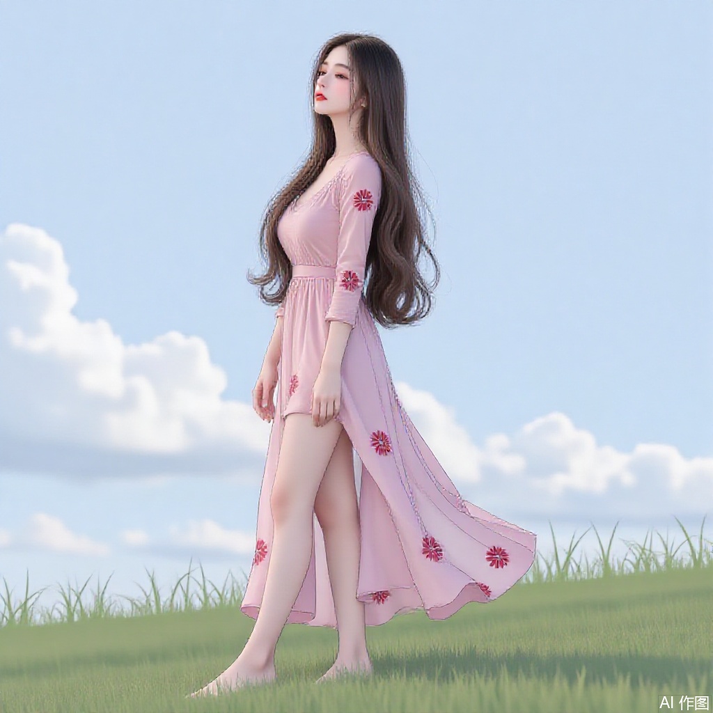 This photo is a digital illustration of a young woman standing on a green grassland. She was wearing a long flowing pink dress with flower patterns. The skirt has a deep V-neck and long sleeves, and the skirt hangs on the legs. She had long black hair and looked to the side with a gentle expression on her face. Background shows beautiful view of the sky. The overall mood of the image is calm and quiet.