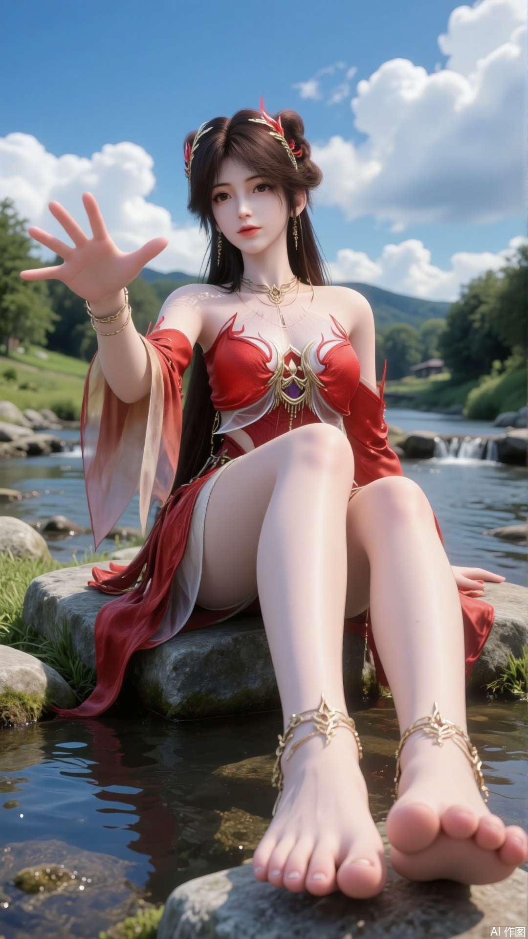 A beautiful woman wearing a red strapless dress,  brown long hair,  hair accessories on Tensor.Art