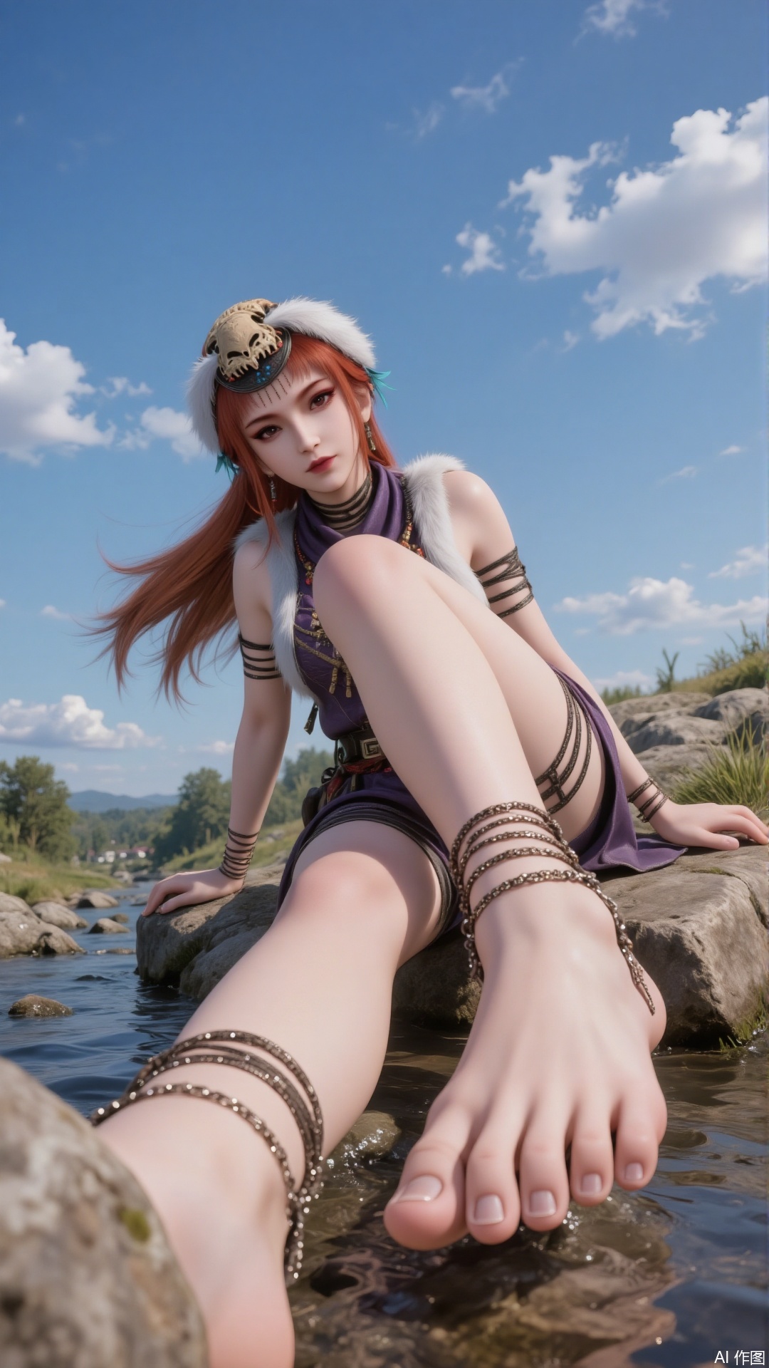 A beautiful woman wearing traditional clothing,  with long red hair,  red eye makeup on Tensor.Art