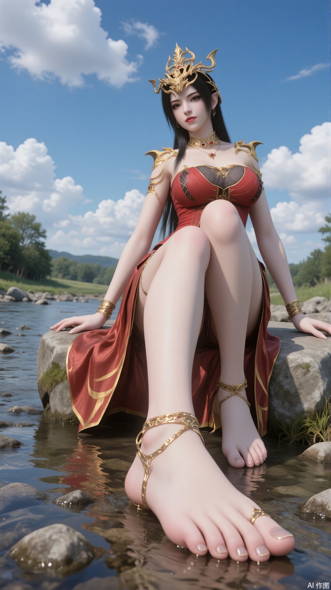 A beautiful woman wearing a red strapless dress,  long black hair,  a crown on Tensor.Art