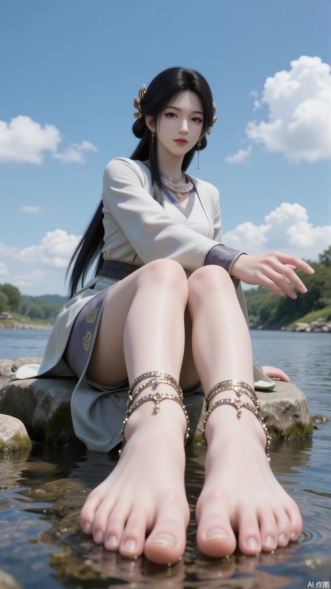 A beautiful woman wearing Hanfu,  with long black hair,  hair accessories on Tensor.Art