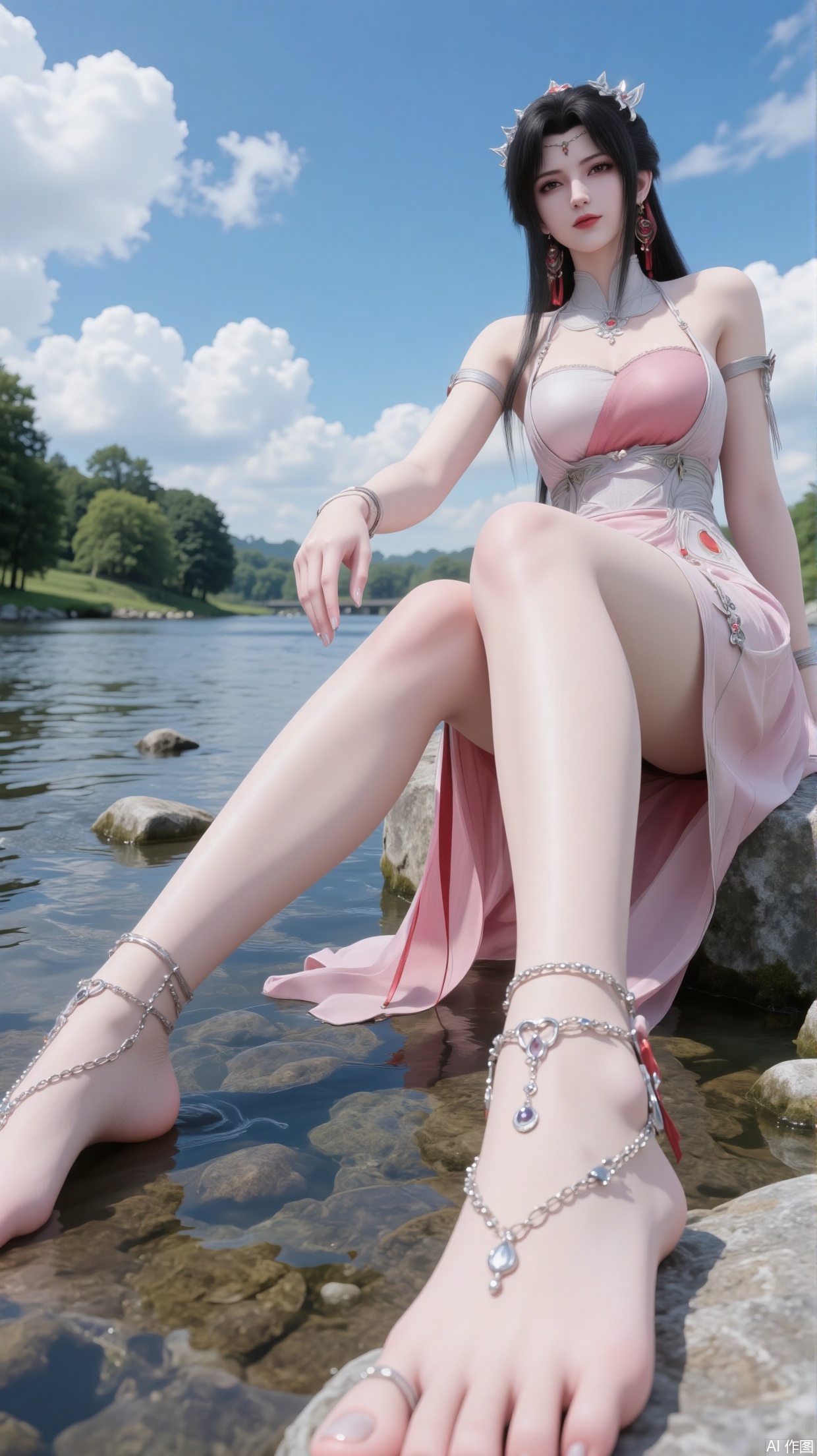 A beautiful woman wearing a pink strapless dress,  long black hair,  hair accessories on Tensor.Art