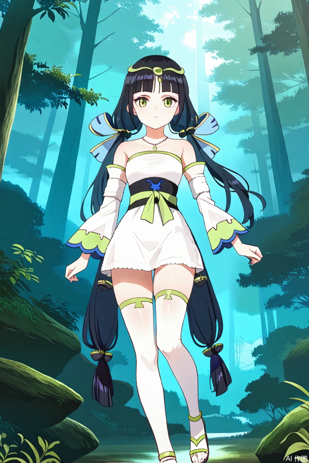 1girl, solo, green eyes,black hair, twintails,circlet, necklace,strapless dress, white dress,sash, short dress,detached sleeves,, sandals,masterpiece,best quality,official art,extremely detailed CG unity 8k wallpaper,Thigh exposed,thighhighs,looking at viewer,Forest,Forest,