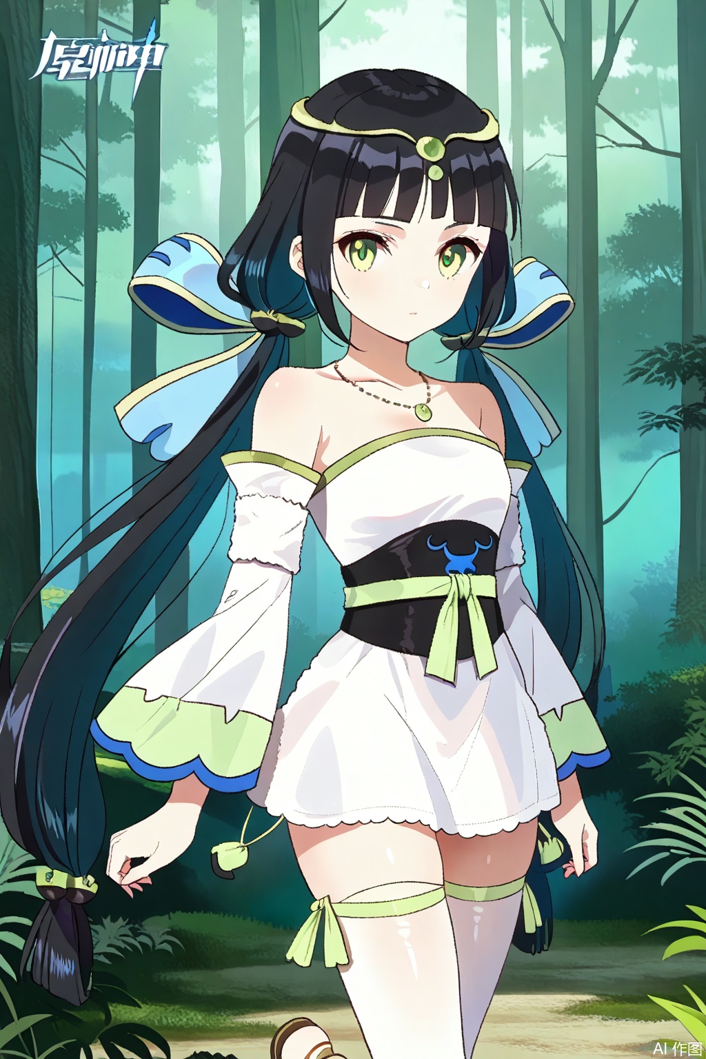 1girl, solo, green eyes,black hair, twintails,circlet, necklace,strapless dress, white dress,sash, short dress,detached sleeves,, sandals,masterpiece,best quality,official art,extremely detailed CG unity 8k wallpaper,Thigh exposed,thighhighs,looking at viewer,Forest,Forest,