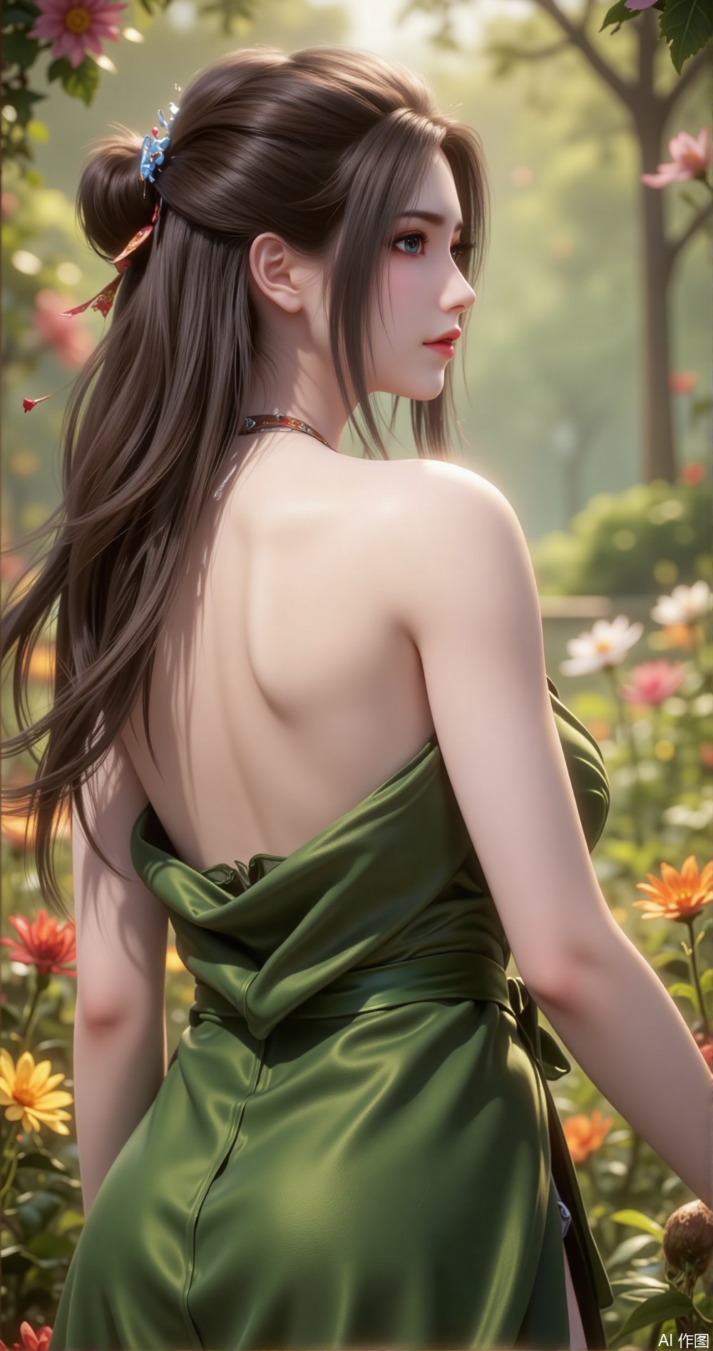 moist skin a woman standing in a lush, vibrant garden filled with an array of colorful flowers She is wrapped in a green towel, and her hair is tied back in a ponytail The garden appears to be bathed in soft, natural light, creating a serene and magical atmosphere The flowers are diverse in shape and color, adding to the whimsical and fantastical feel of the scene The woman seems to be in a state of relaxation or contemplation, surrounded by nature's beauty.