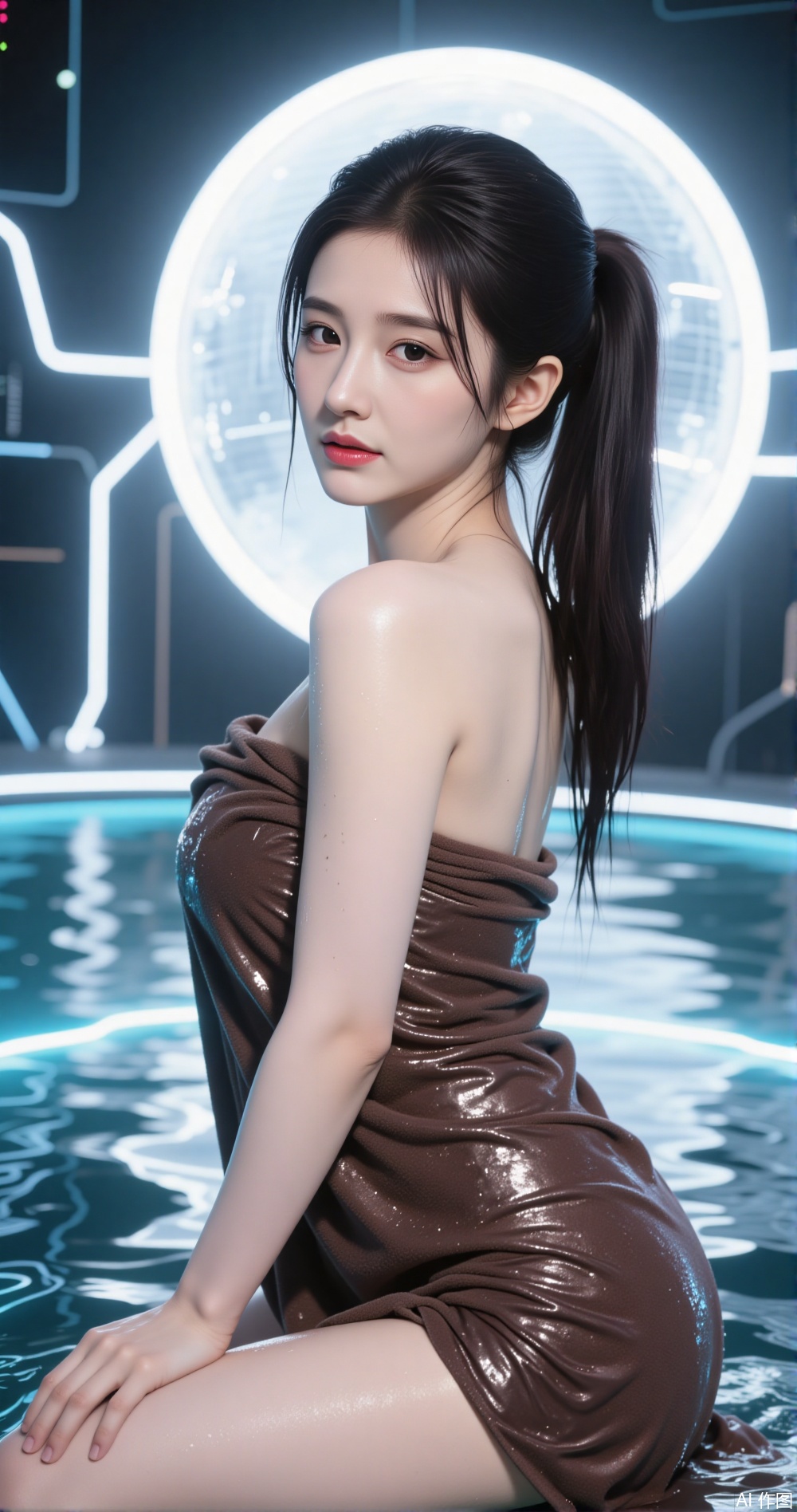 moist skin ,a person sitting in shallow water, wearing a shimmering, sequined brown dress The water is reflective, creating a mirror-like effect The person has long, dark hair tied into a ponytail In the background, there is a large, glowing disco ball emitting light, surrounded by neon blue lines that create a futuristic, almost digital atmosphere The overall scene has a surreal, otherworldly feel, blending elements of fashion, technology, and art.
