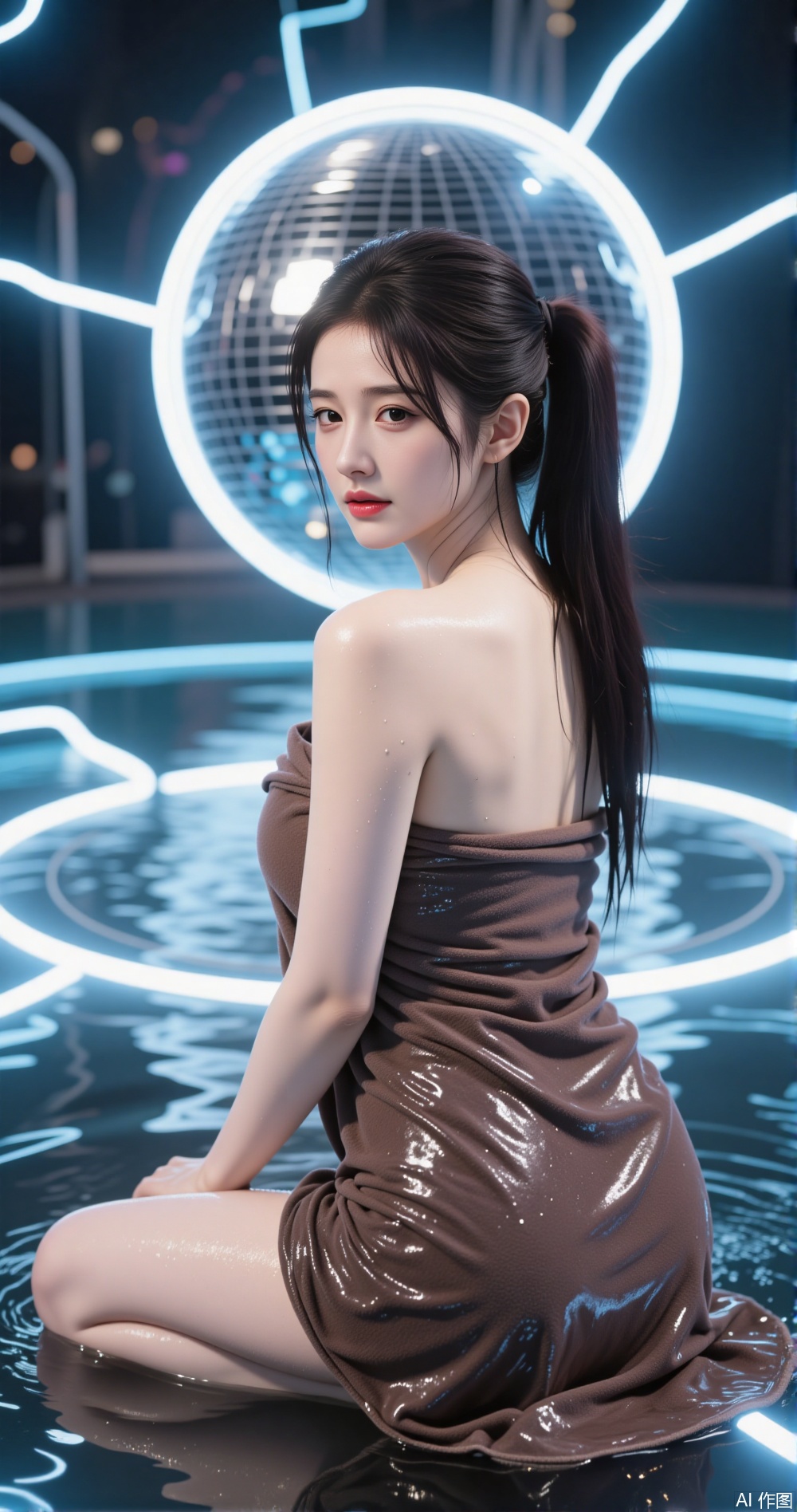 moist skin ,a person sitting in shallow water, wearing a shimmering, sequined brown dress The water is reflective, creating a mirror-like effect The person has long, dark hair tied into a ponytail In the background, there is a large, glowing disco ball emitting light, surrounded by neon blue lines that create a futuristic, almost digital atmosphere The overall scene has a surreal, otherworldly feel, blending elements of fashion, technology, and art.