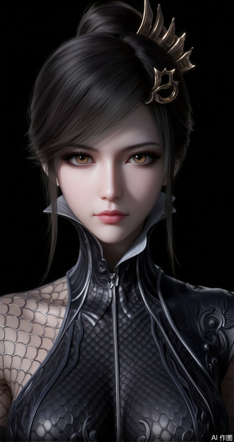 luxueqi,lvjing,baoshi,jingni,1girl, solo, black background, hair ornament, looking at viewer, simple background, black hair, realistic, brown hair, black eyes, lips, upper body, fishnets, swept bangs,7,cover,gradient background,close-up details,outstanding style,adding a touch of dimension to your images without compromising details,close-up,
