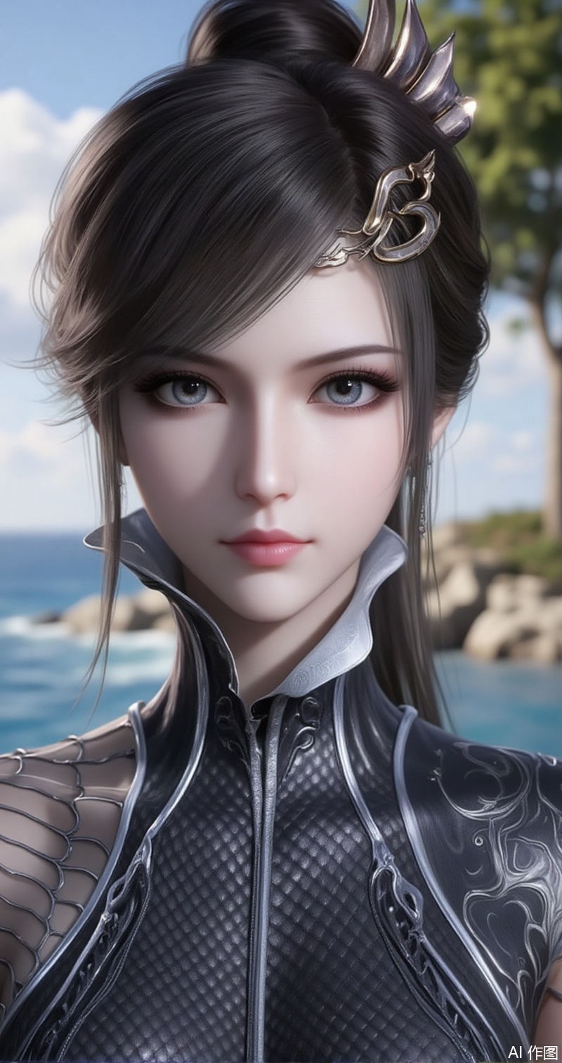 luxueqi,lvjing,baoshi,jingni,1girl, solo, black hair, hair ornament, looking at viewer, blurry, upper body, water, outdoors, black eyes, earrings, tree, lips,5,cover,gradient background,close-up details,outstanding style,adding a touch of dimension to your images without compromising details,close-up,