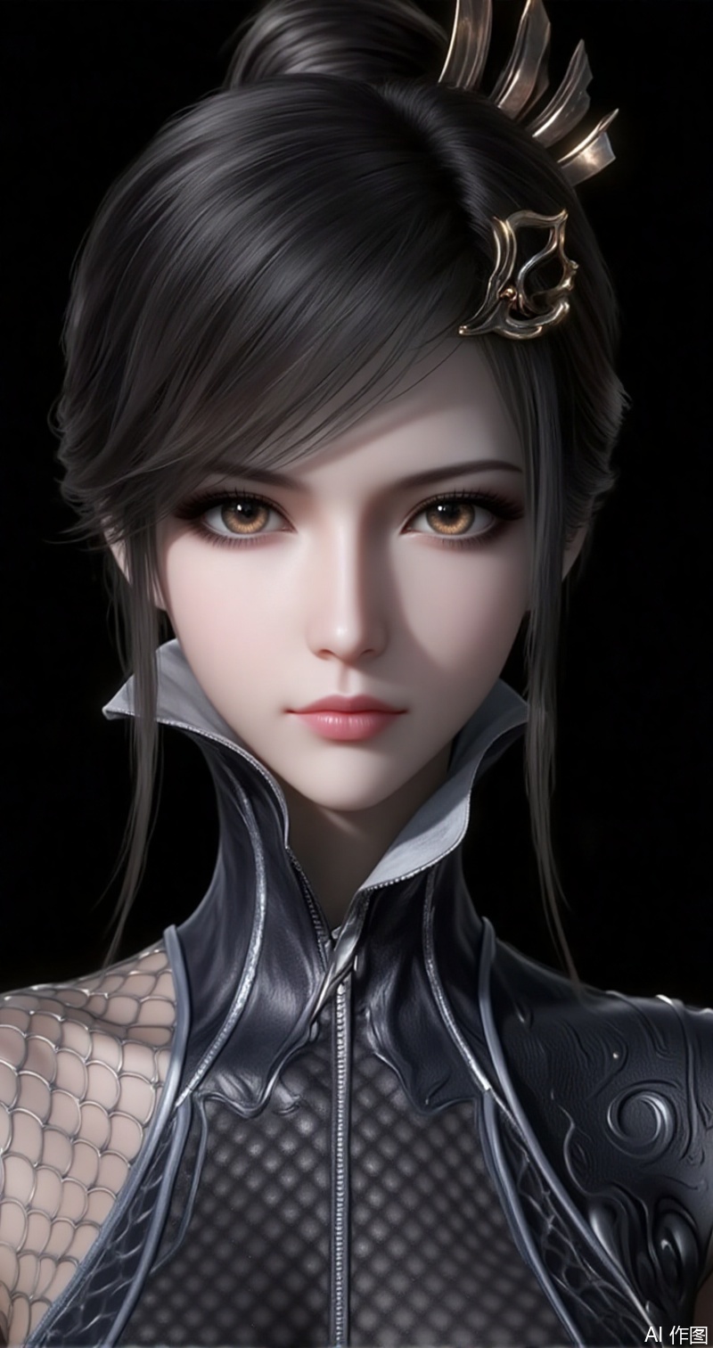 luxueqi,lvjing,baoshi,jingni,1girl, solo, black background, hair ornament, looking at viewer, simple background, black hair, realistic, brown hair, black eyes, lips, upper body, fishnets, swept bangs,7,cover,gradient background,close-up details,outstanding style,adding a touch of dimension to your images without compromising details,close-up,