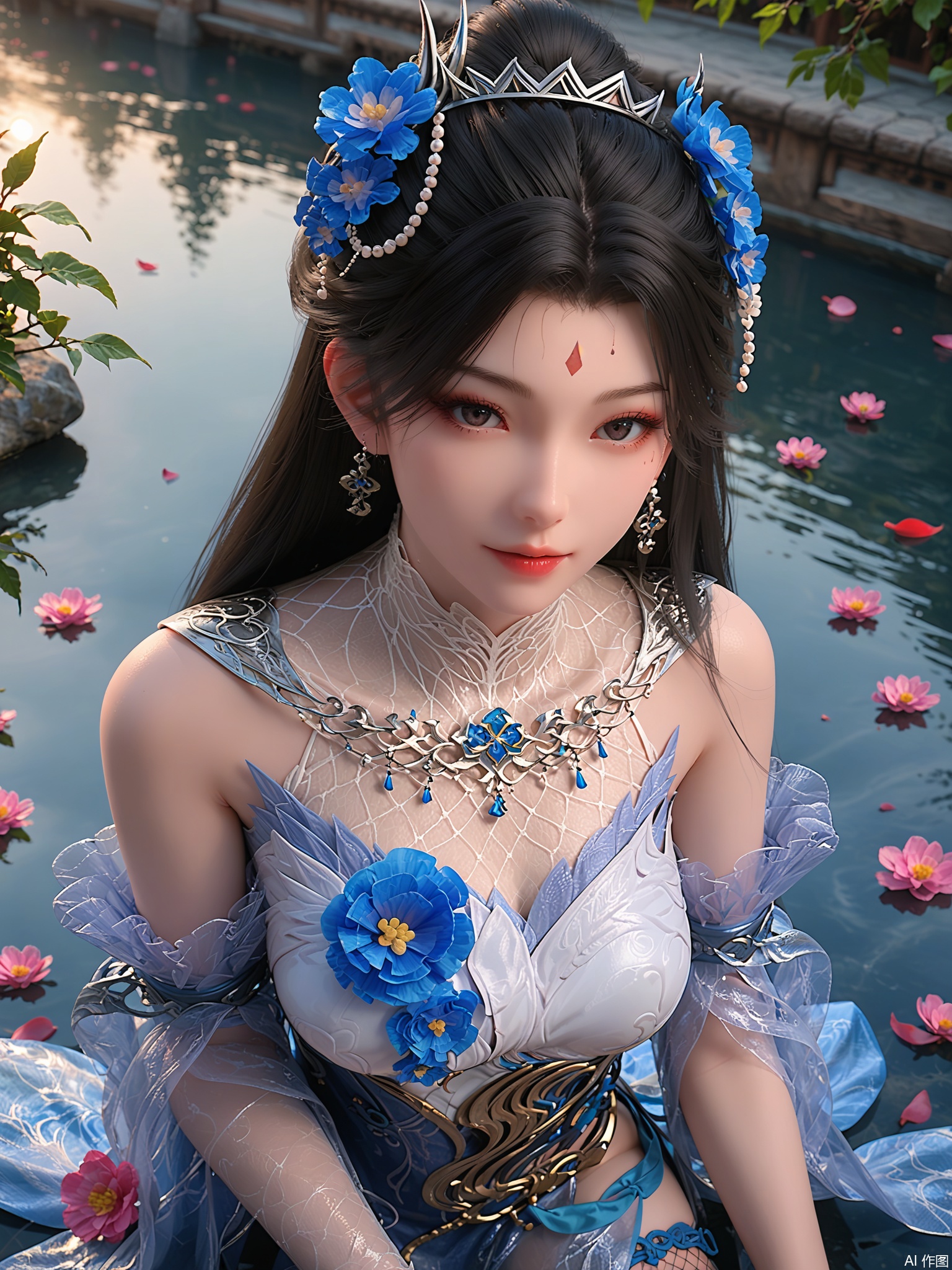 score_9,score_8_up,score_7_up,1girl,looking_at_viewer,realistic,1girl,Vivid Colors,bright environment,delicate water,hair_ornament,shiny skin,shiny hair,reflection,(wariza:1.2),dress,jewelry,flower sea,falling petals,extreme detail description,(upper body:0.4),put one hand on your side,long_hair,(skindentation:1.3),Fishnet stockings,bright,sunshine on face,chinese_clothes,forehead mark, hair flower